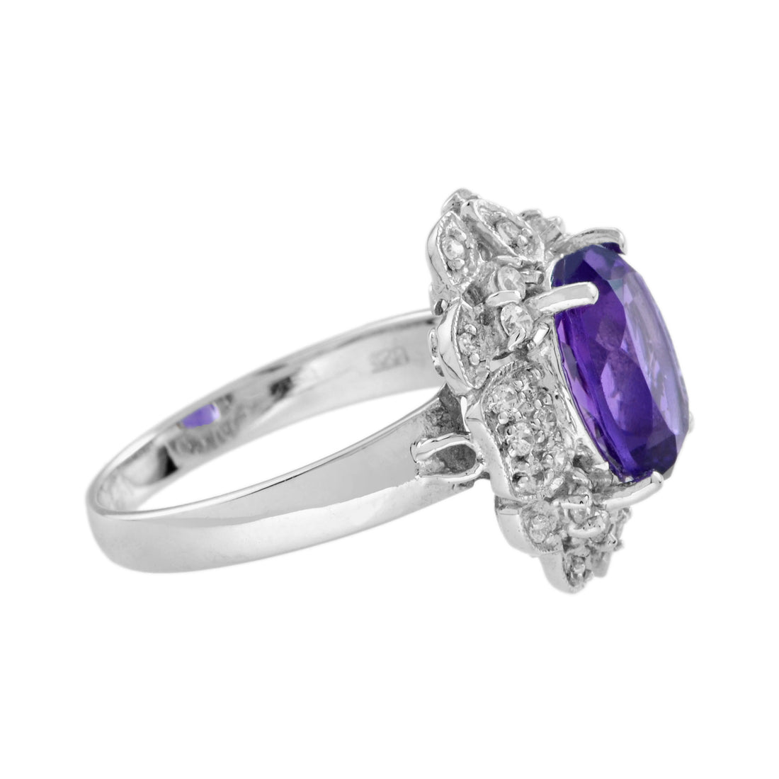 Oval Shape Purple Violet Amethyst & Diamond Halo Set 14K White Gold Vintage Ring