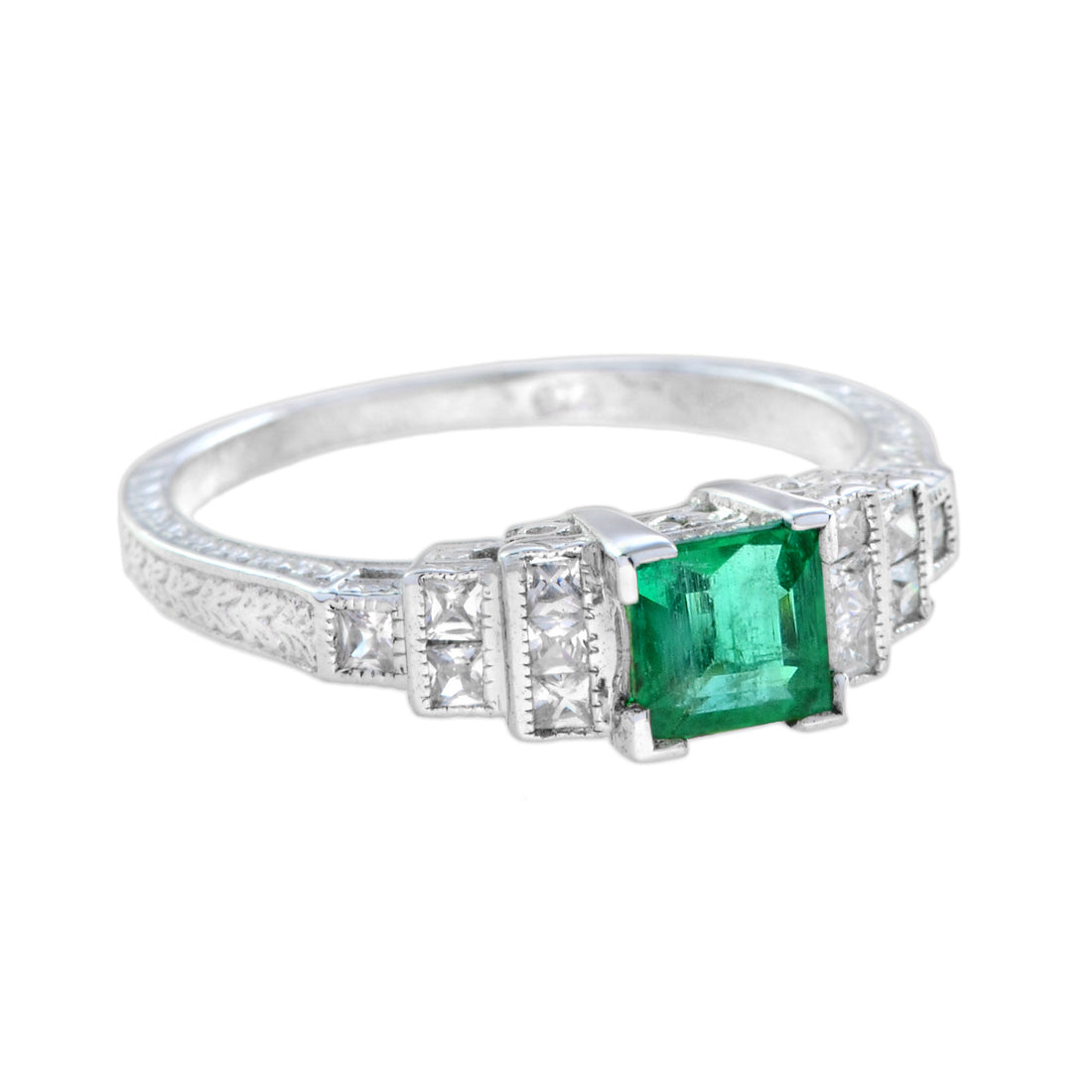 Art Deco Style Square Green Emerald with Diamond Steps 18K White Gold Ring