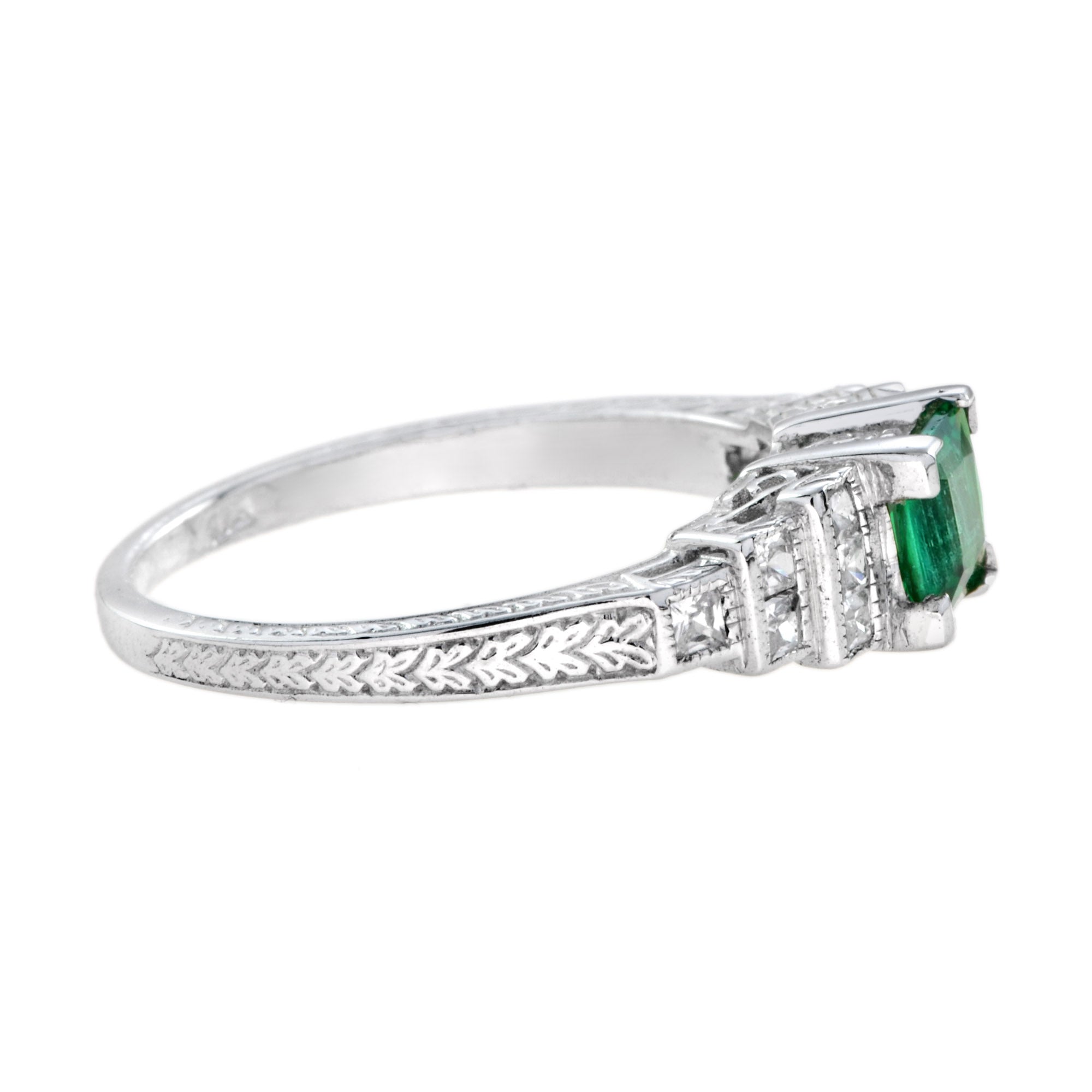 Art Deco Style Square Green Emerald with Diamond Steps 18K White Gold Ring