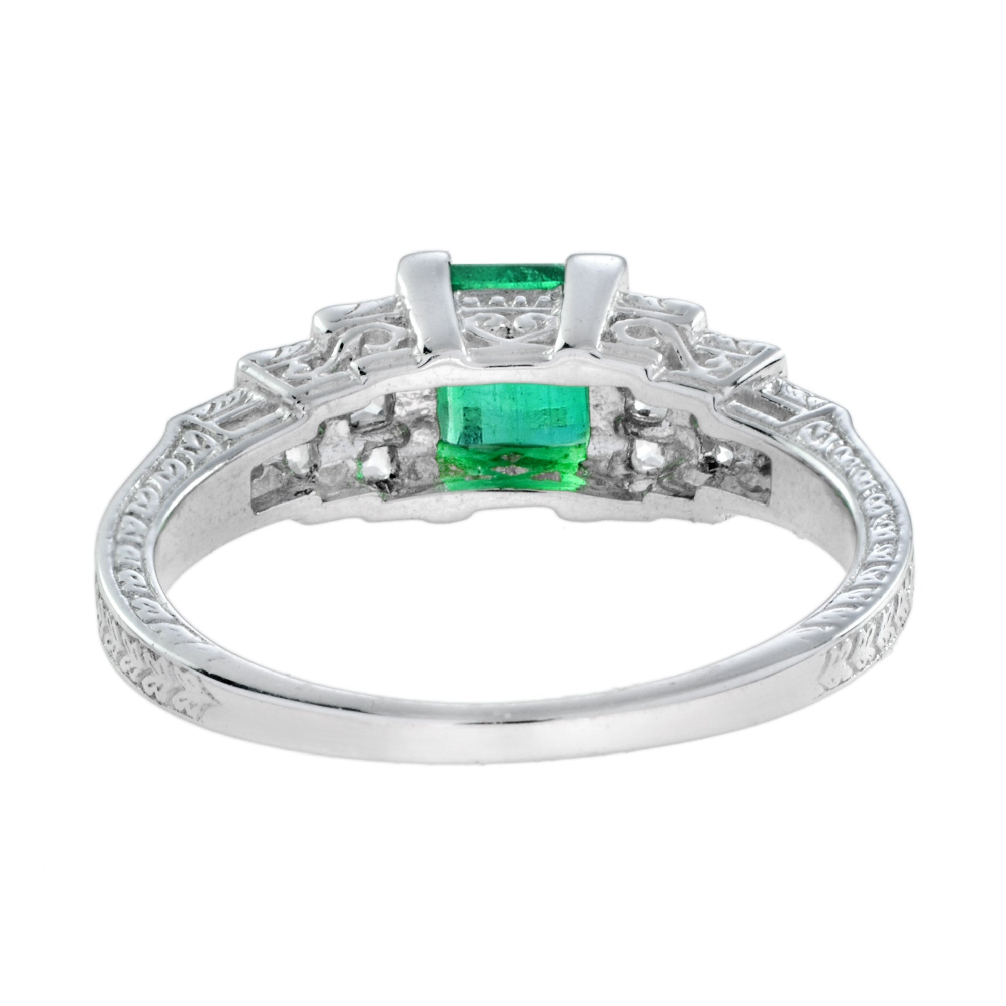 Art Deco Style Square Green Emerald with Diamond Steps 18K White Gold Ring