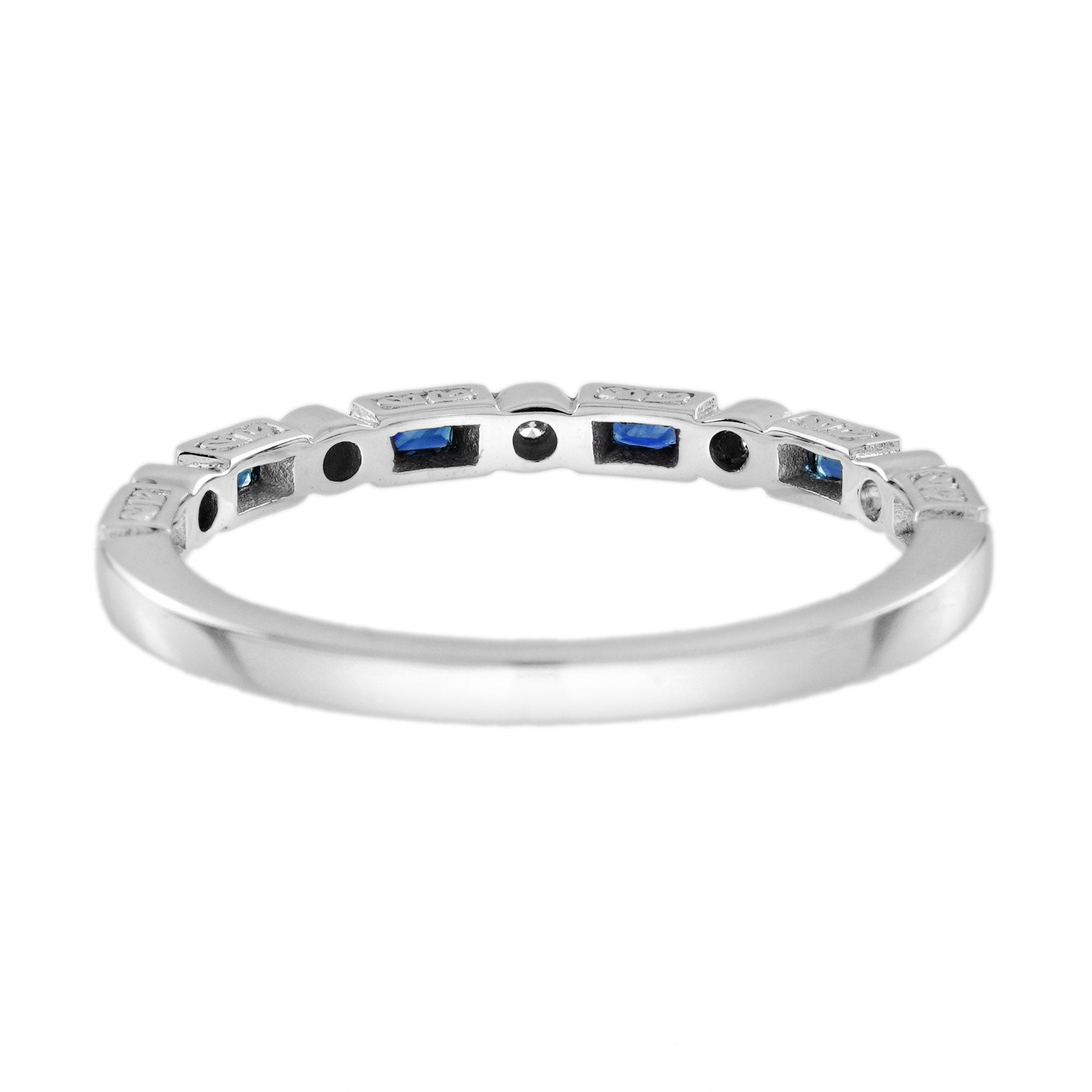 Blue Sapphire & Diamond Art Deco Style Band 14K White Gold Ring