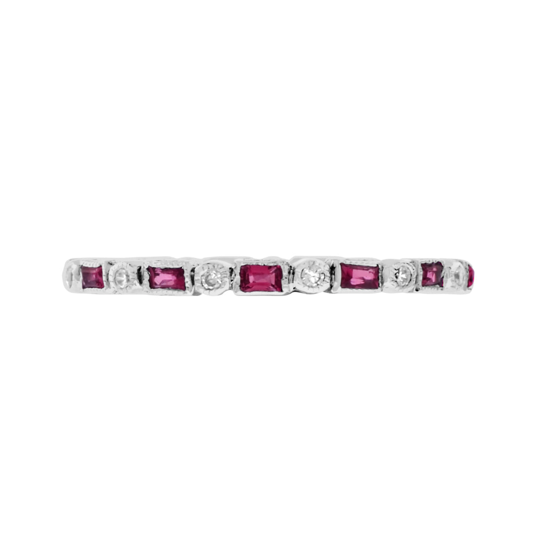 Art Deco Alternate Red Pink Ruby & Diamond Eternity Band 14K White Gold Ring