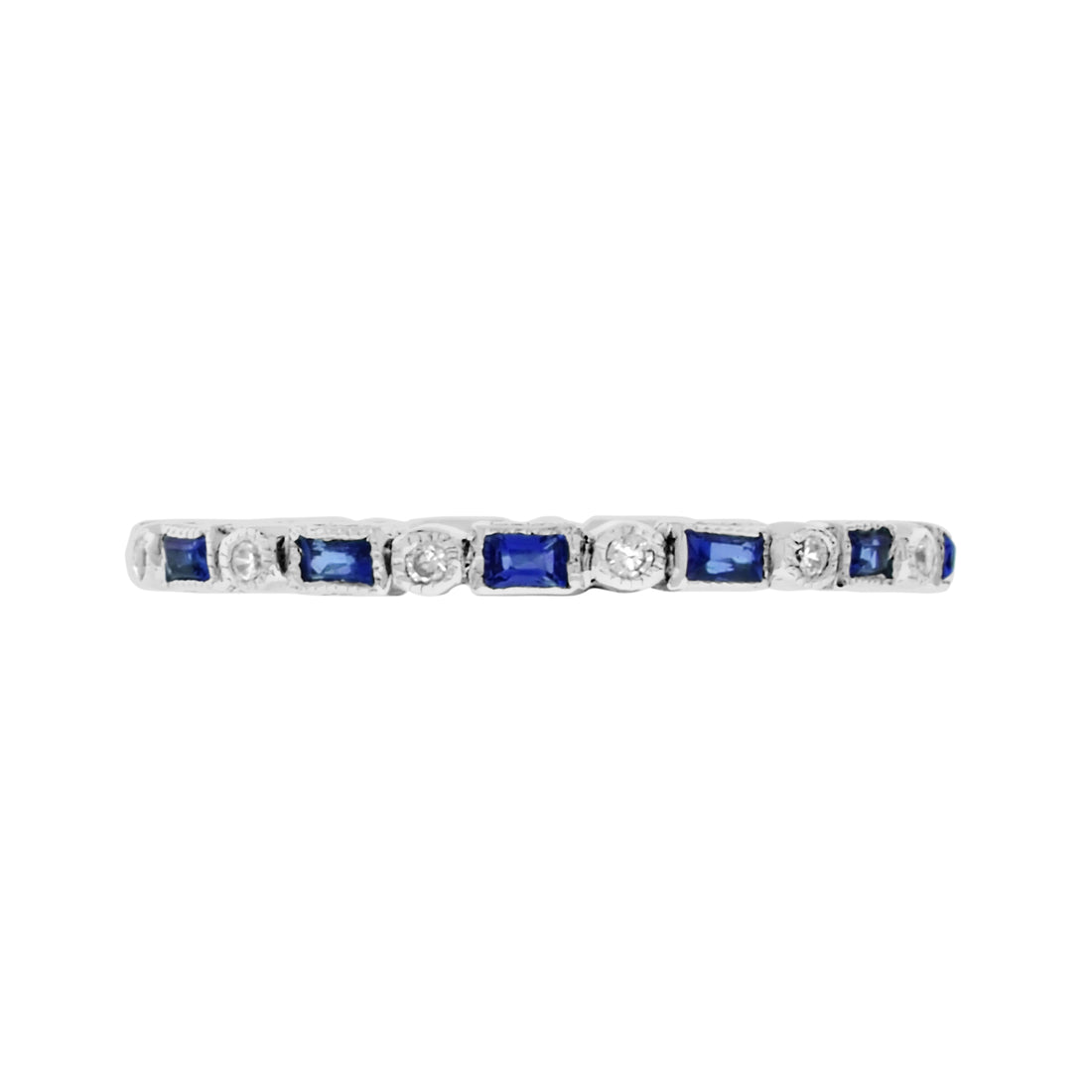 Art Deco Alternate Blue Sapphire & Diamond Eternity Band 14K White Gold Ring