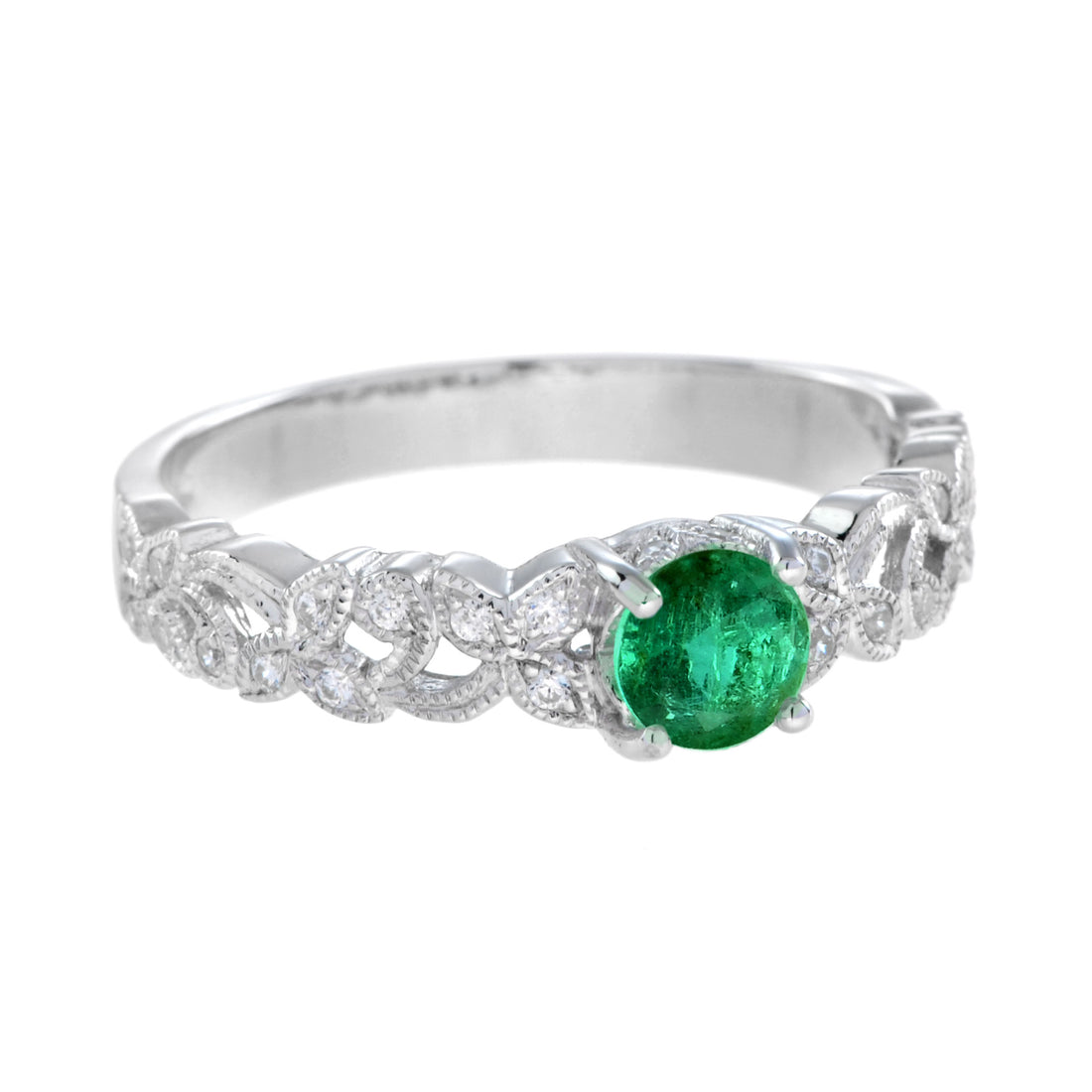 Round Emerald & Diamond Leaves Filigree Band White Gold Ring
