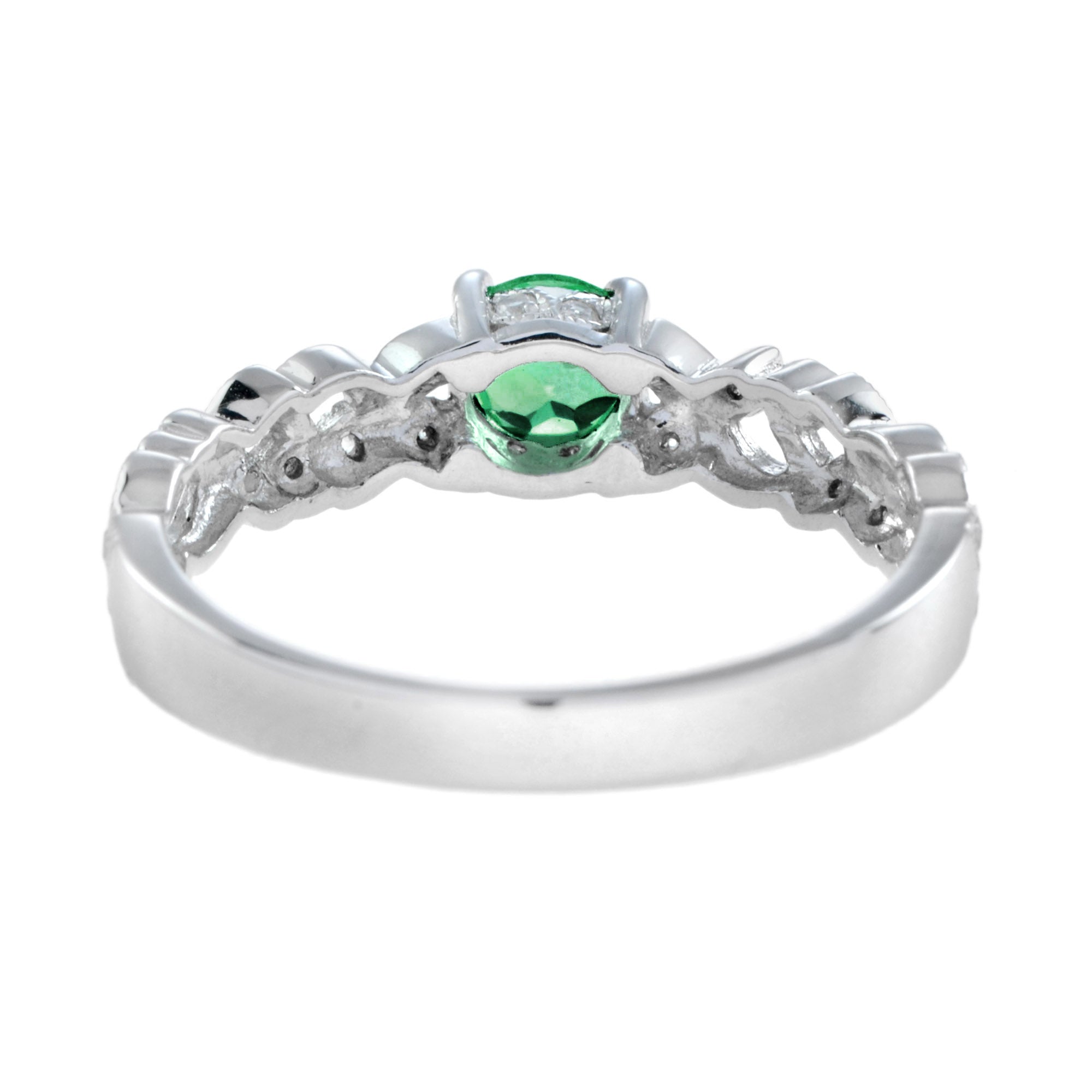 Round Emerald & Diamond Leaves Filigree Band White Gold Ring