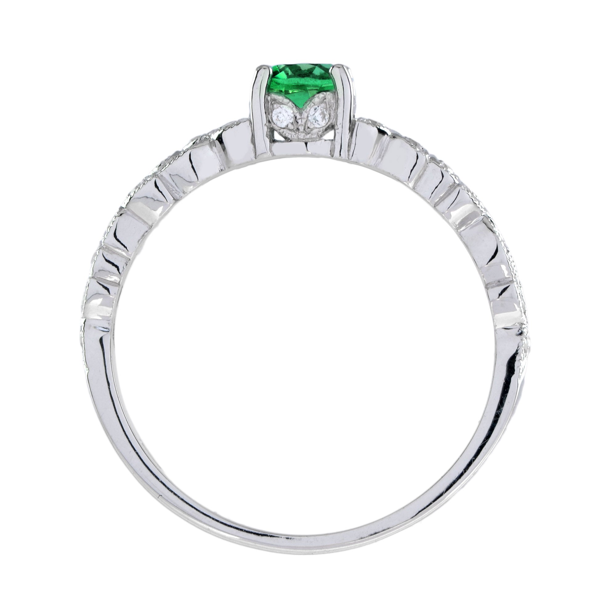 Round Emerald & Diamond Leaves Filigree Band White Gold Ring