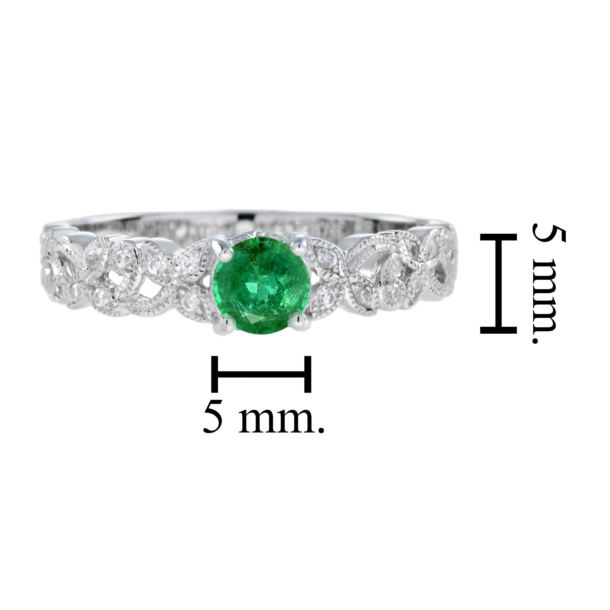 Round Emerald & Diamond Leaves Filigree Band White Gold Ring