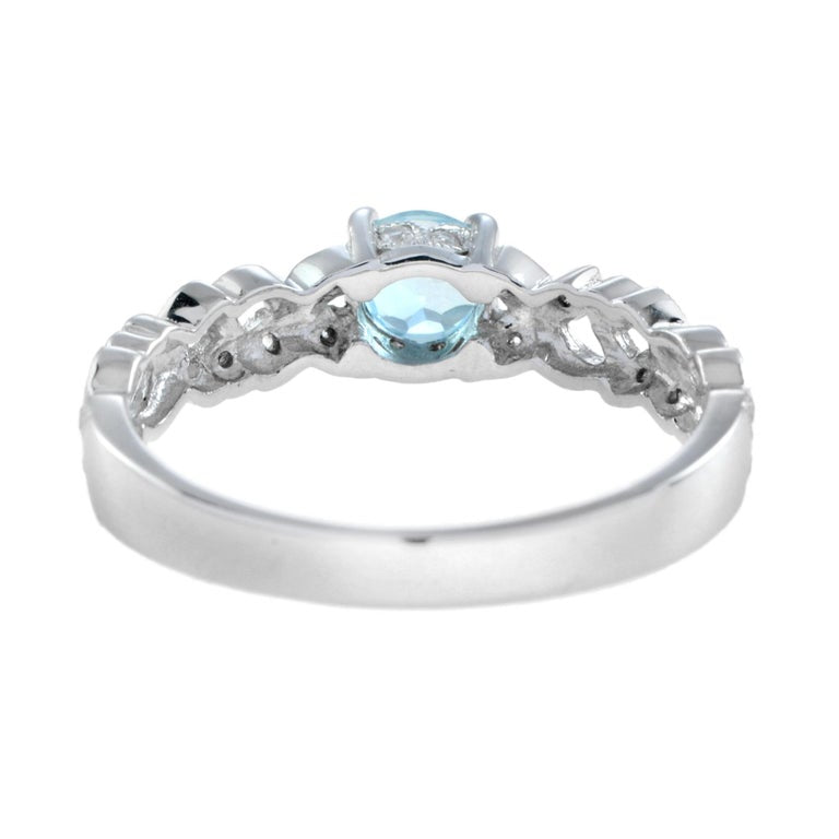 One Round Blue Topaz with Diamond Filigree Band Vintage Style White Gold Ring