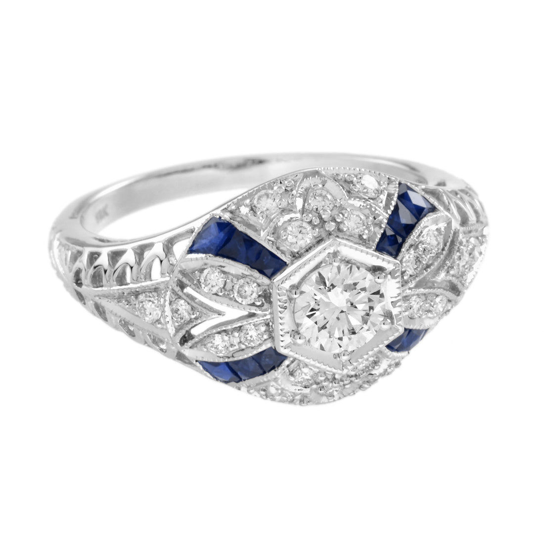 Diamond & Blue Sapphire Art Deco Style 14K White Gold Ring
