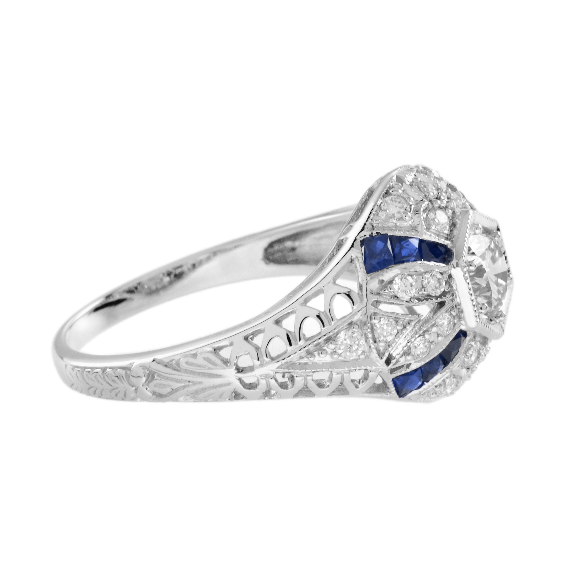Diamond & Blue Sapphire Art Deco Style 14K White Gold Ring