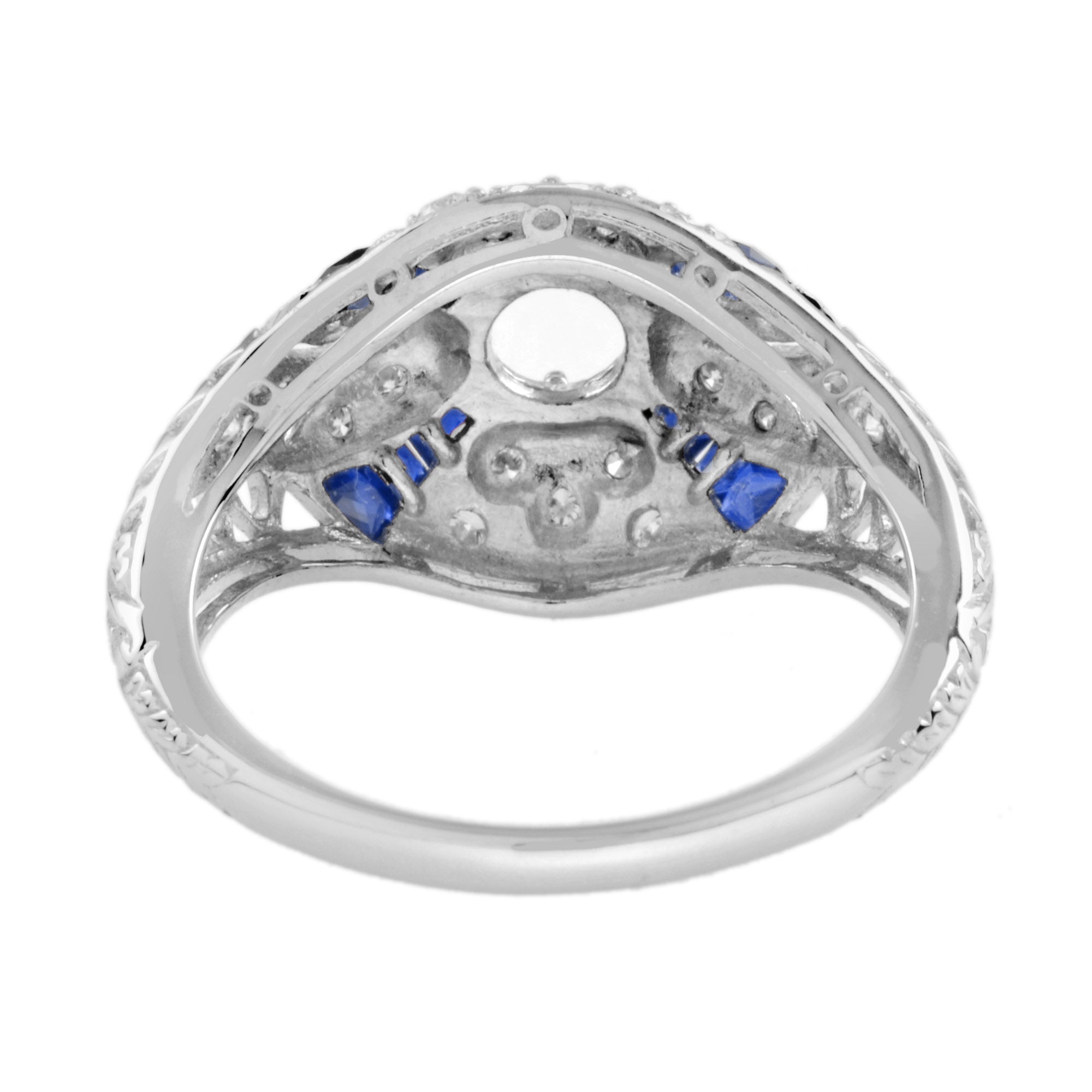 Diamond & Blue Sapphire Art Deco Style 14K White Gold Ring