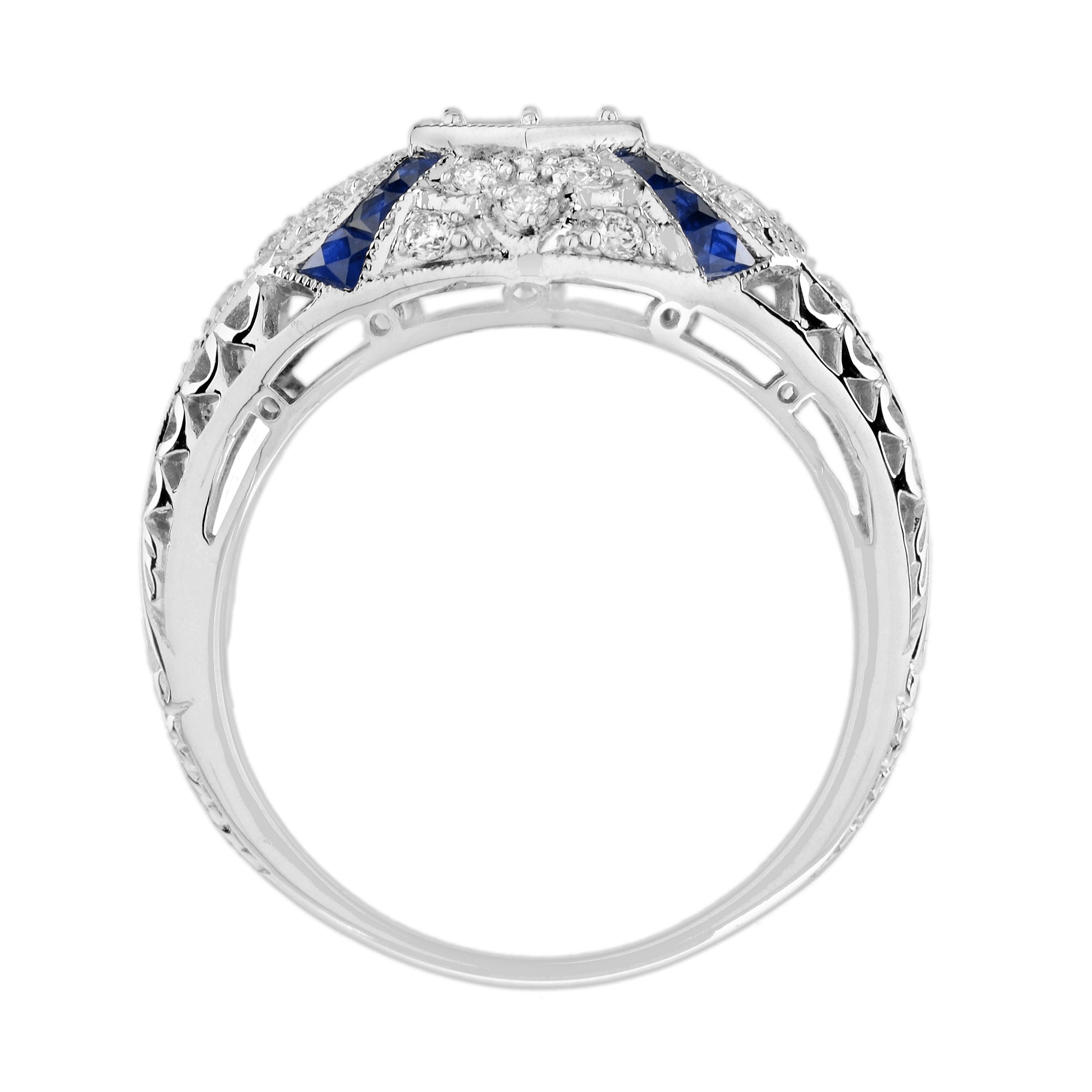 Diamond & Blue Sapphire Art Deco Style 14K White Gold Ring