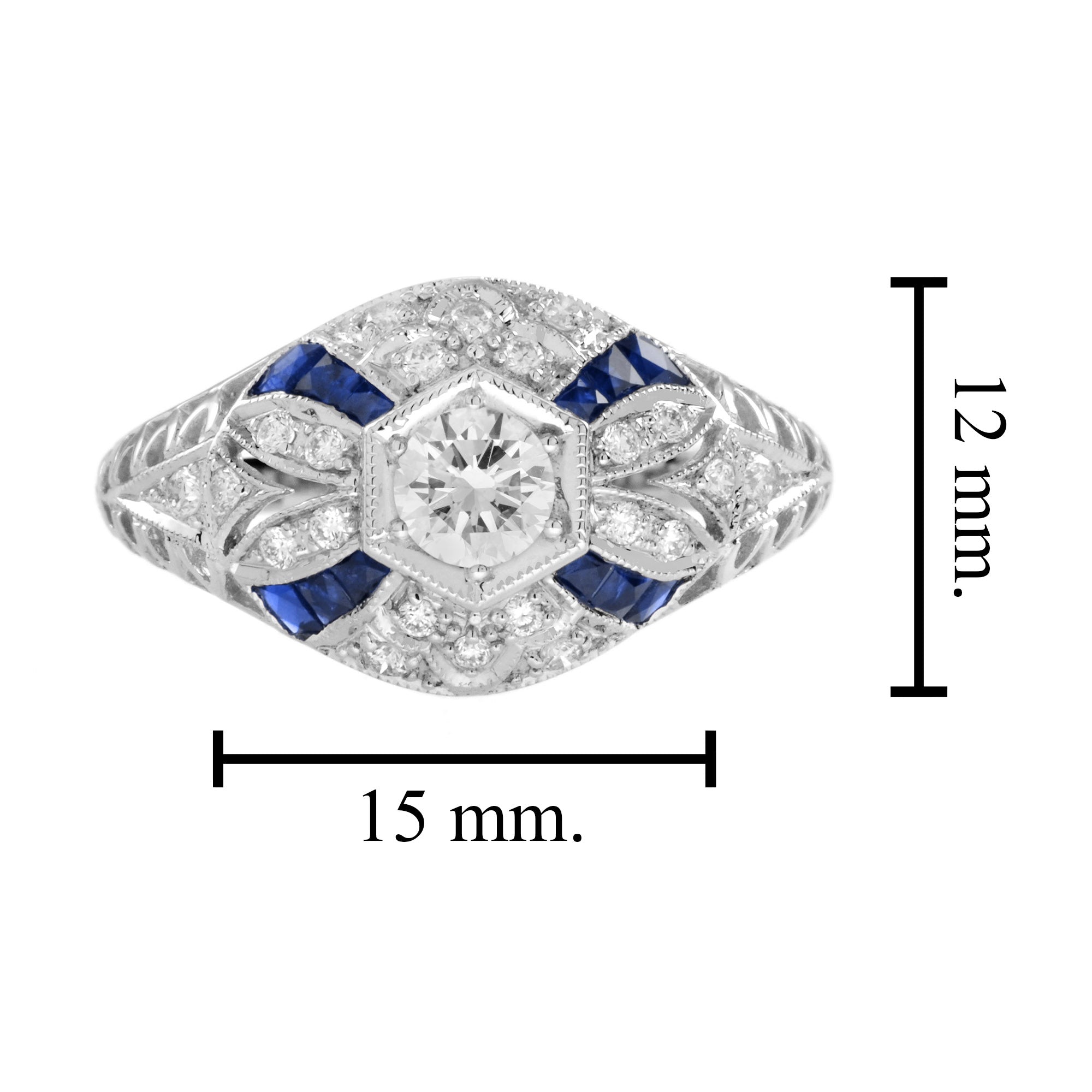 Diamond & Blue Sapphire Art Deco Style 14K White Gold Ring