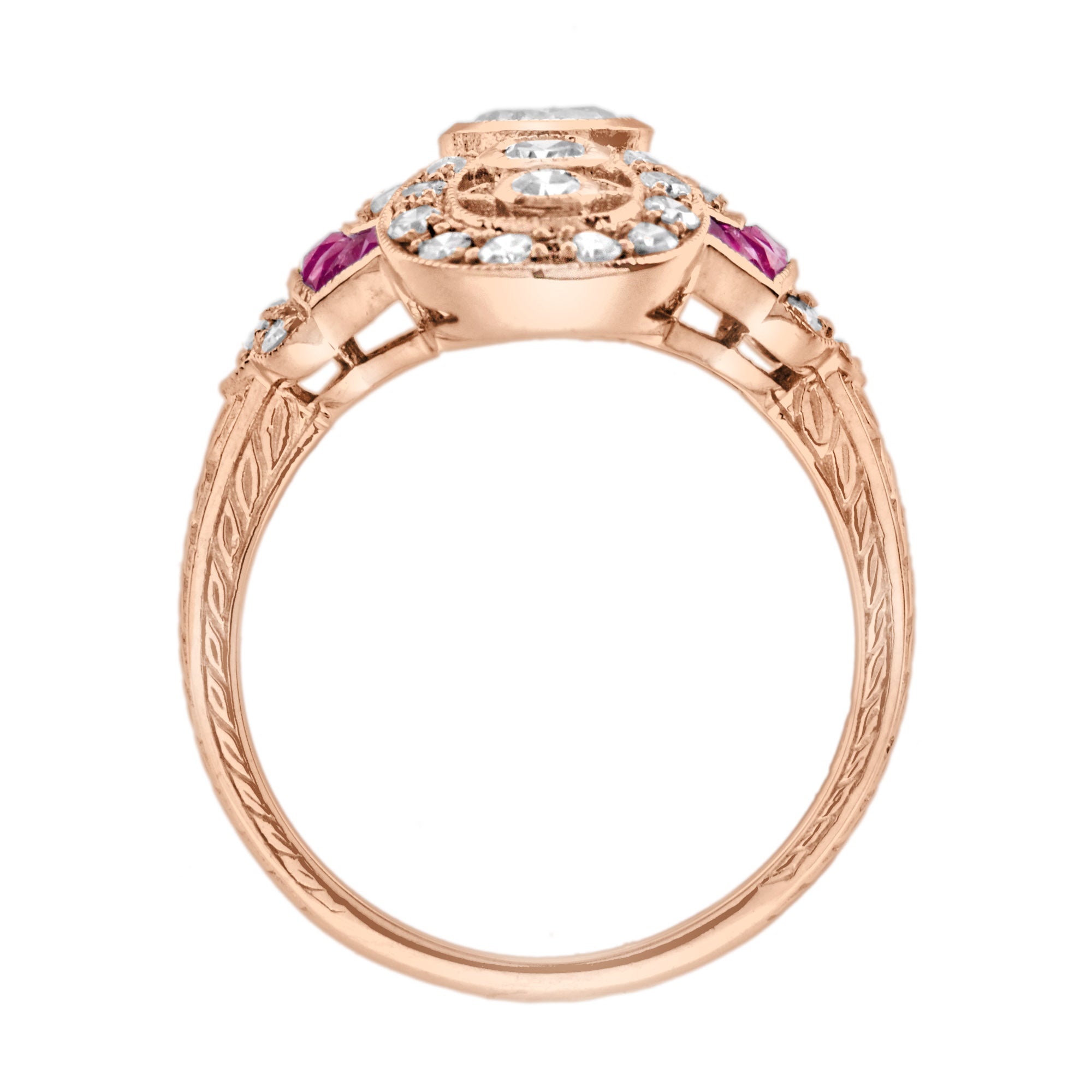 Diamond & Ruby Vintage Inspired Art Deco Style Cocktail Rose Gold Ring