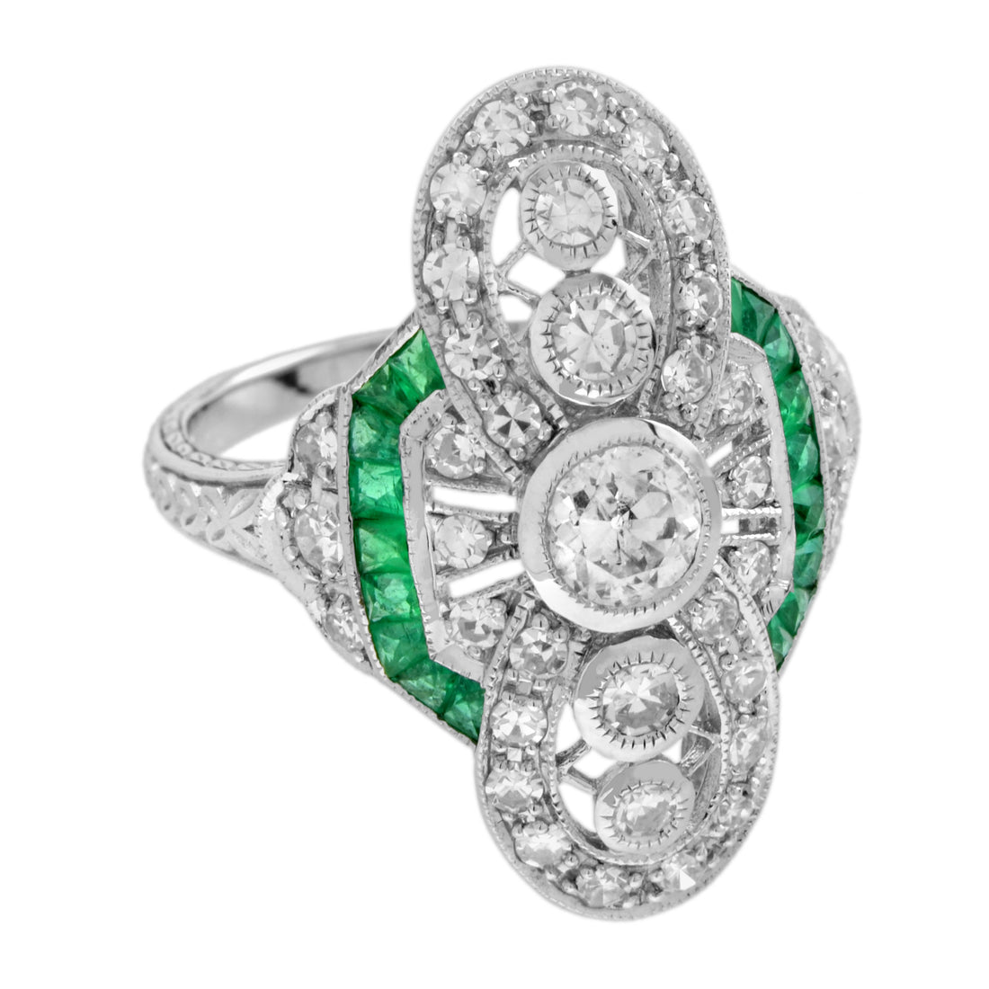 Art Deco Style Diamond & Green Emerald Cocktail 14K White Gold Ring