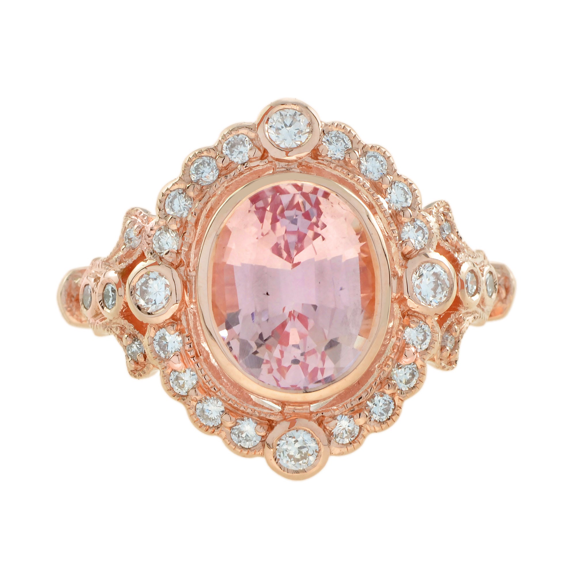 Oval Shape Peach Pink Morganite & Diamond Vintage Style Halo 14K Rose Gold Ring