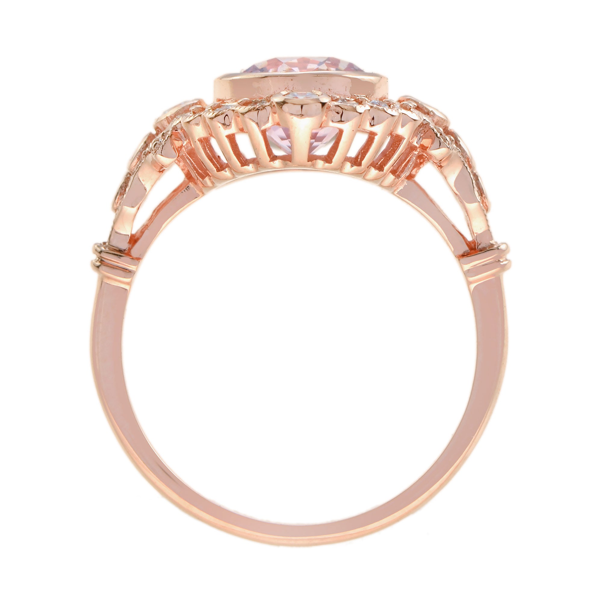 Oval Shape Peach Pink Morganite & Diamond Vintage Style Halo 14K Rose Gold Ring