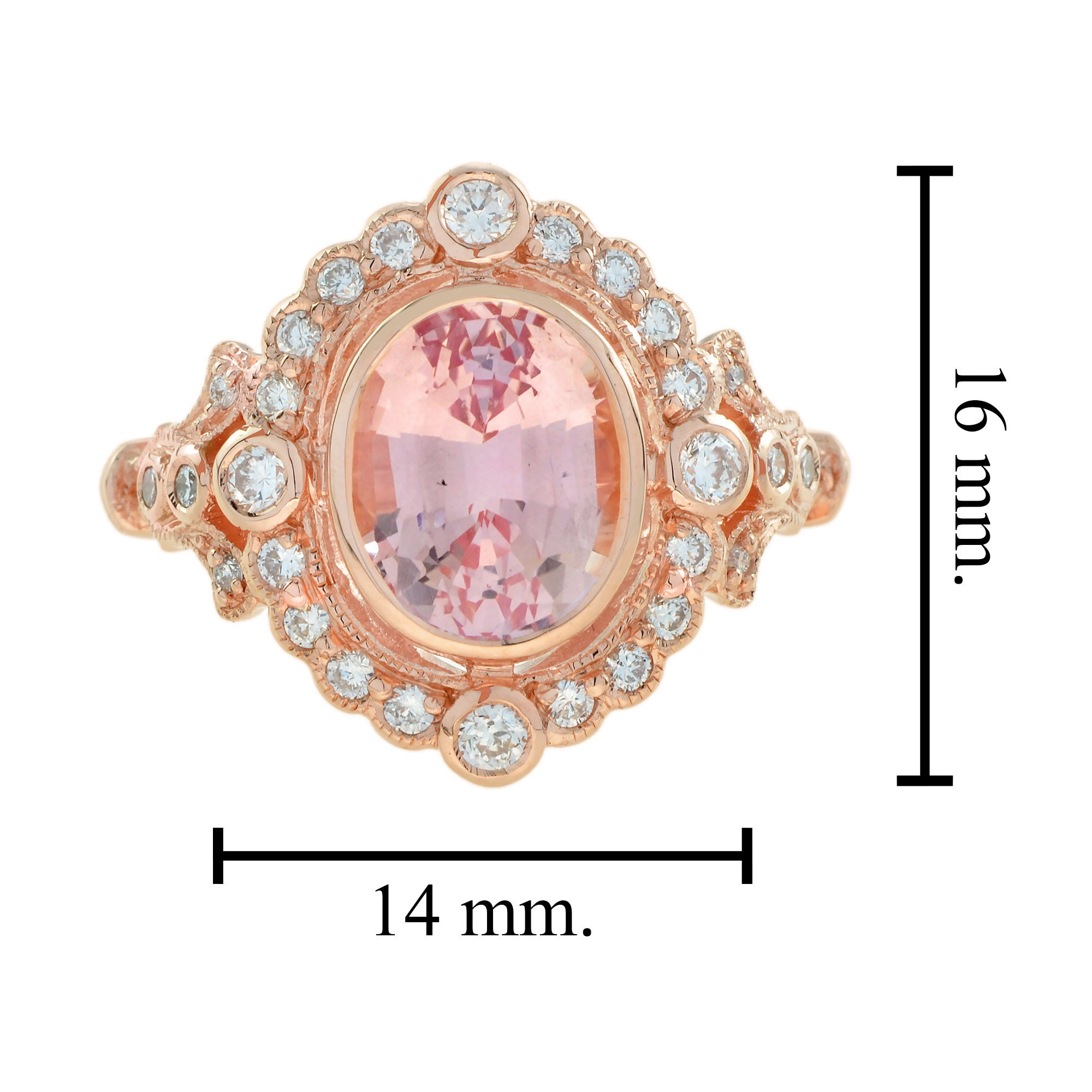 Oval Shape Peach Pink Morganite & Diamond Vintage Style Halo 14K Rose Gold Ring