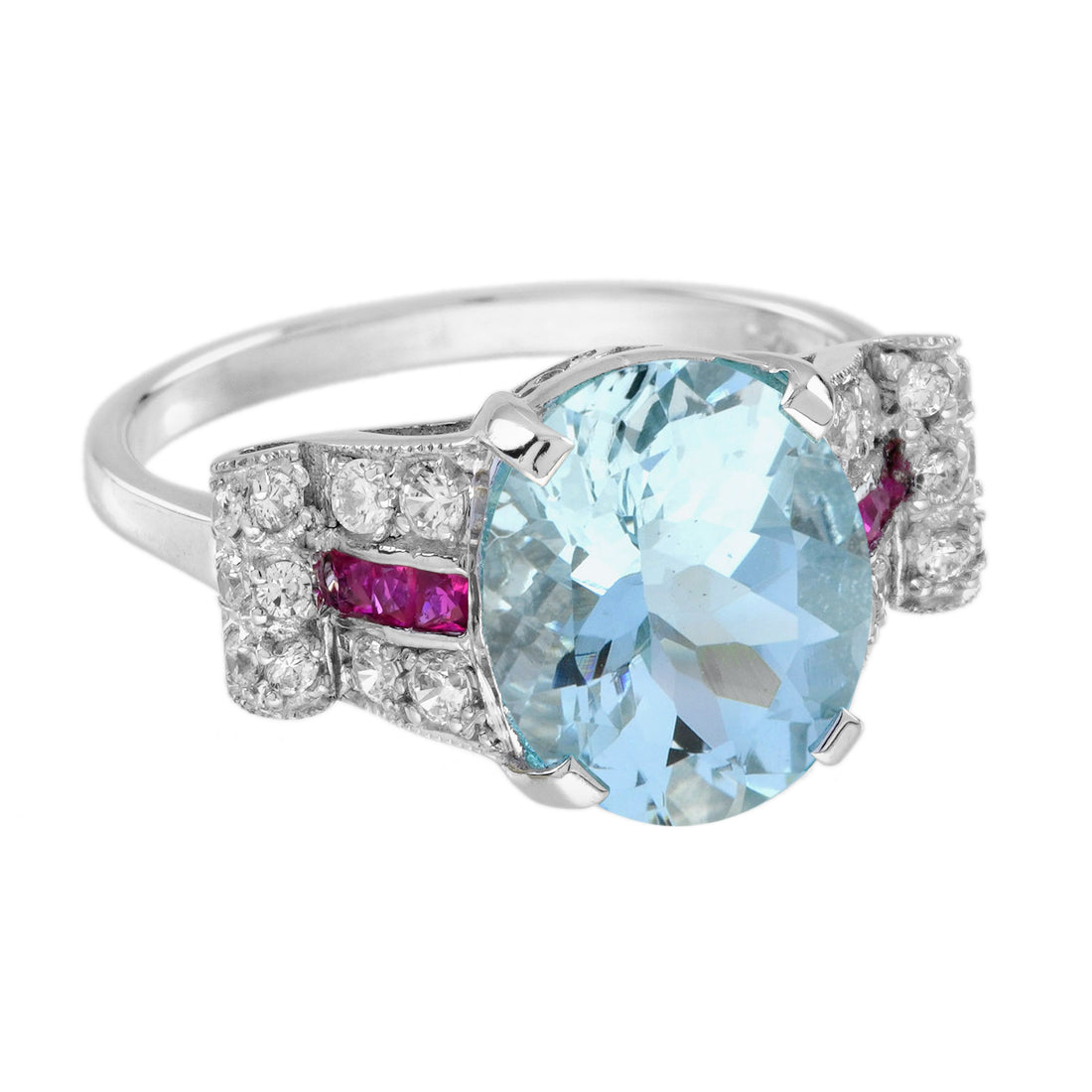 Oval Blue Topaz & Diamond and Ruby Art Deco Style 14K White Gold Ring