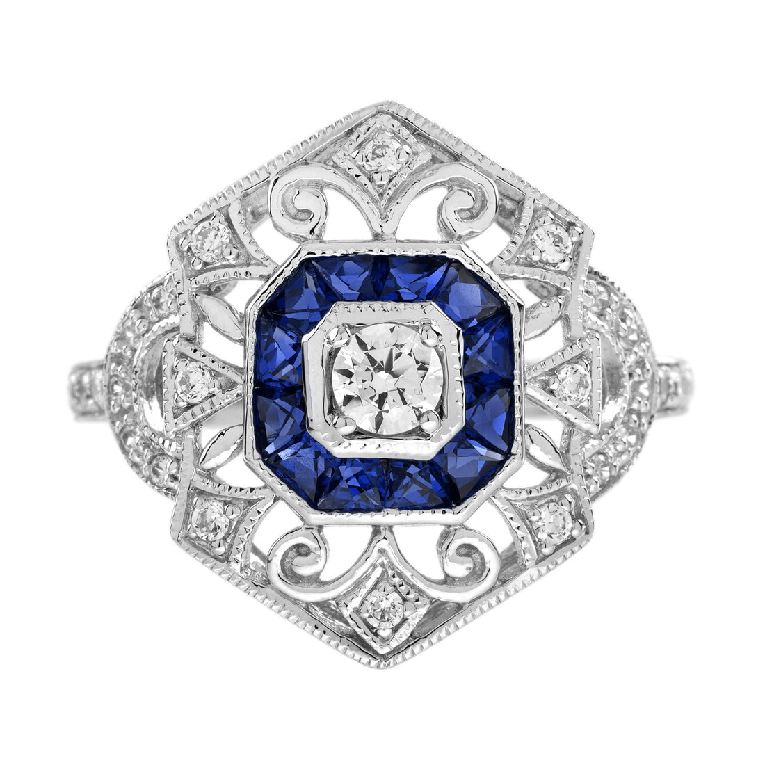 Diamond & Sapphire Art Deco Style Ring Earrings White Gold Jewelry Set