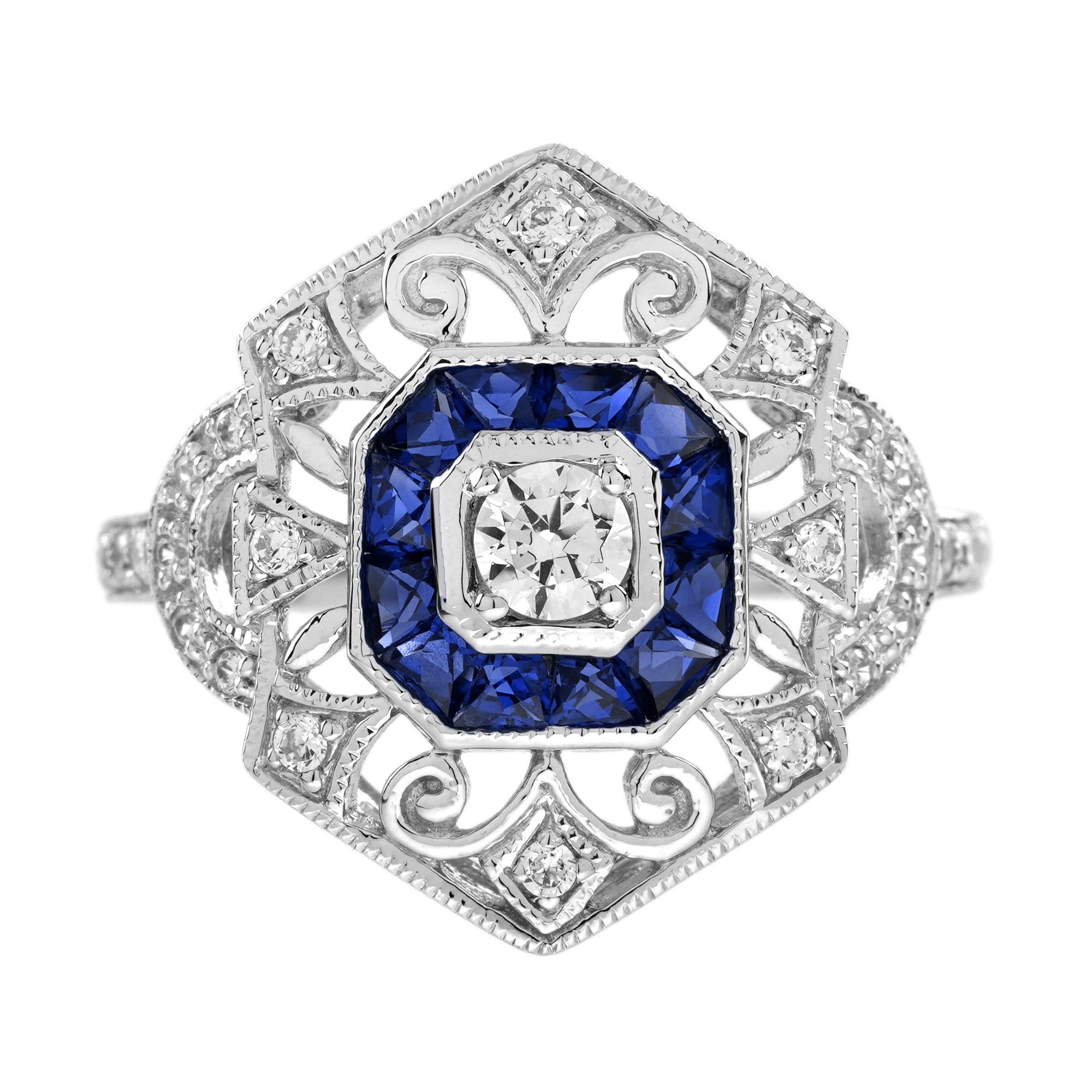 Diamond Sapphire Edwardian Style Openwork Bangle Bracelet & Ring Jewelry Set