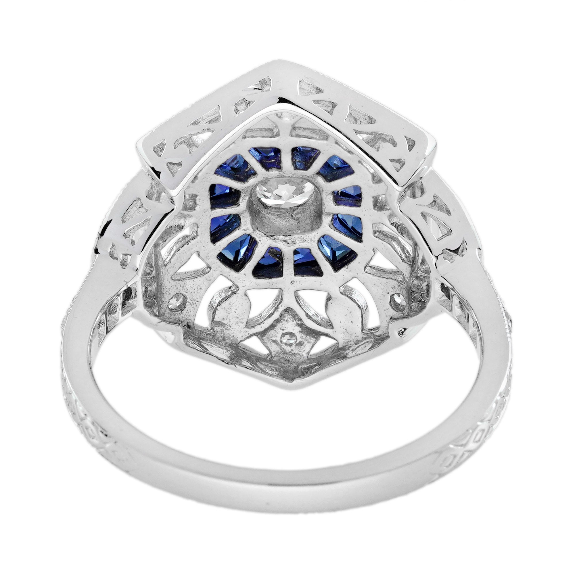 Diamond & Blue Sapphire Edwardian Style Openwork White Gold Ring