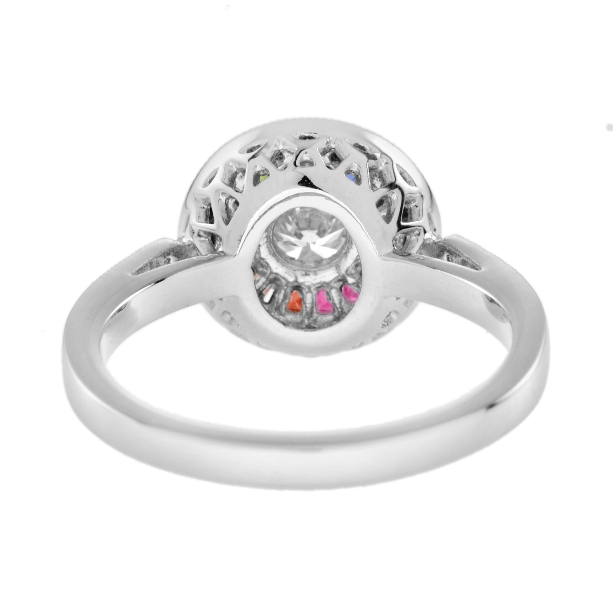 Diamond & Rainbow Sapphire Art Deco Style Mosaic Set Target 14K White Gold Ring