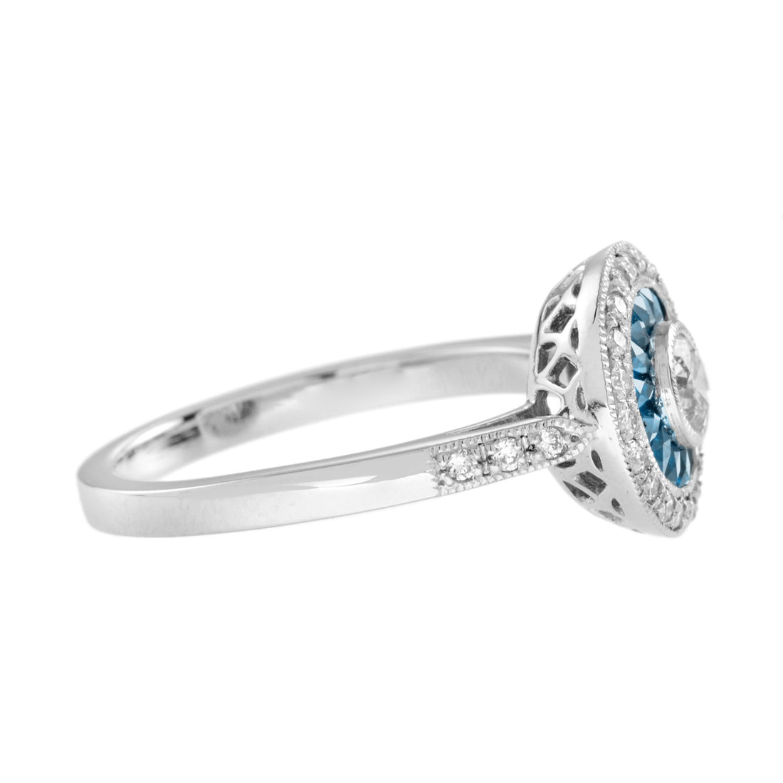 Diamond & London Blue Topaz Halo Set Art Deco Style Round 14K White Gold Ring