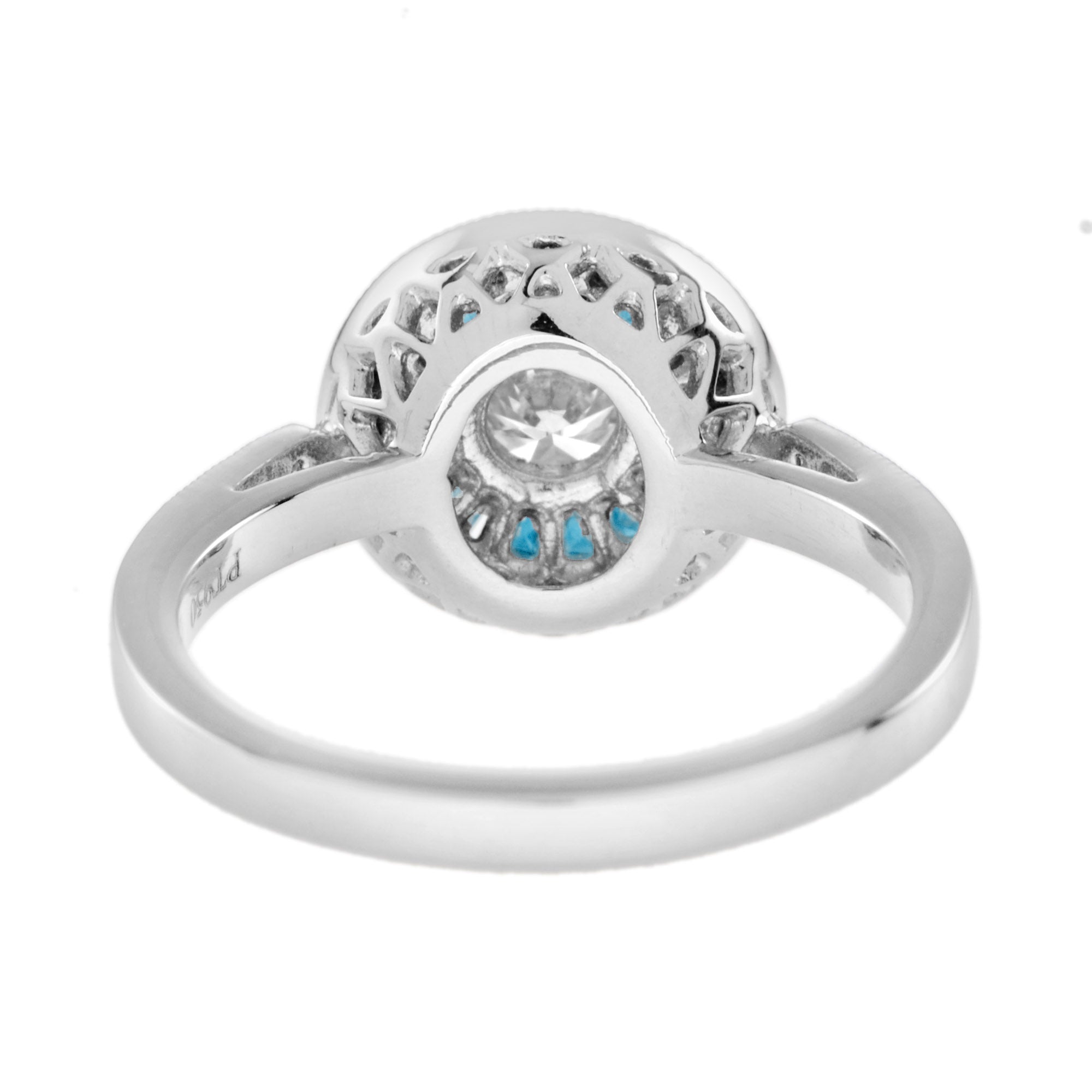 Diamond & London Blue Topaz Halo Set Art Deco Style Round 14K White Gold Ring