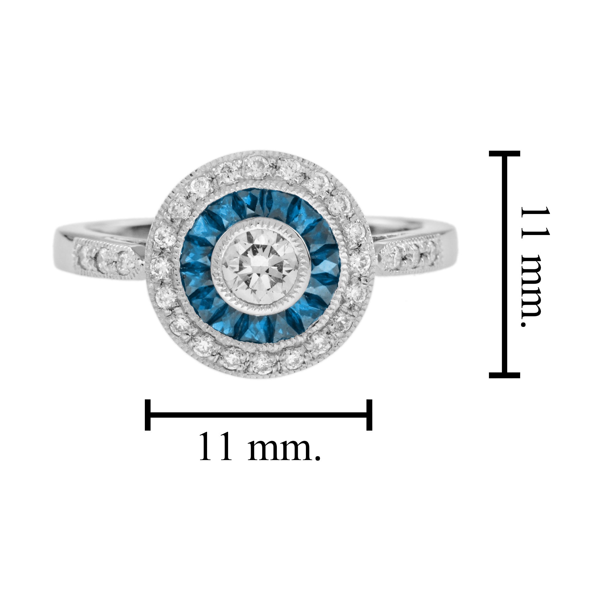 Diamond & London Blue Topaz Halo Set Art Deco Style Round 14K White Gold Ring