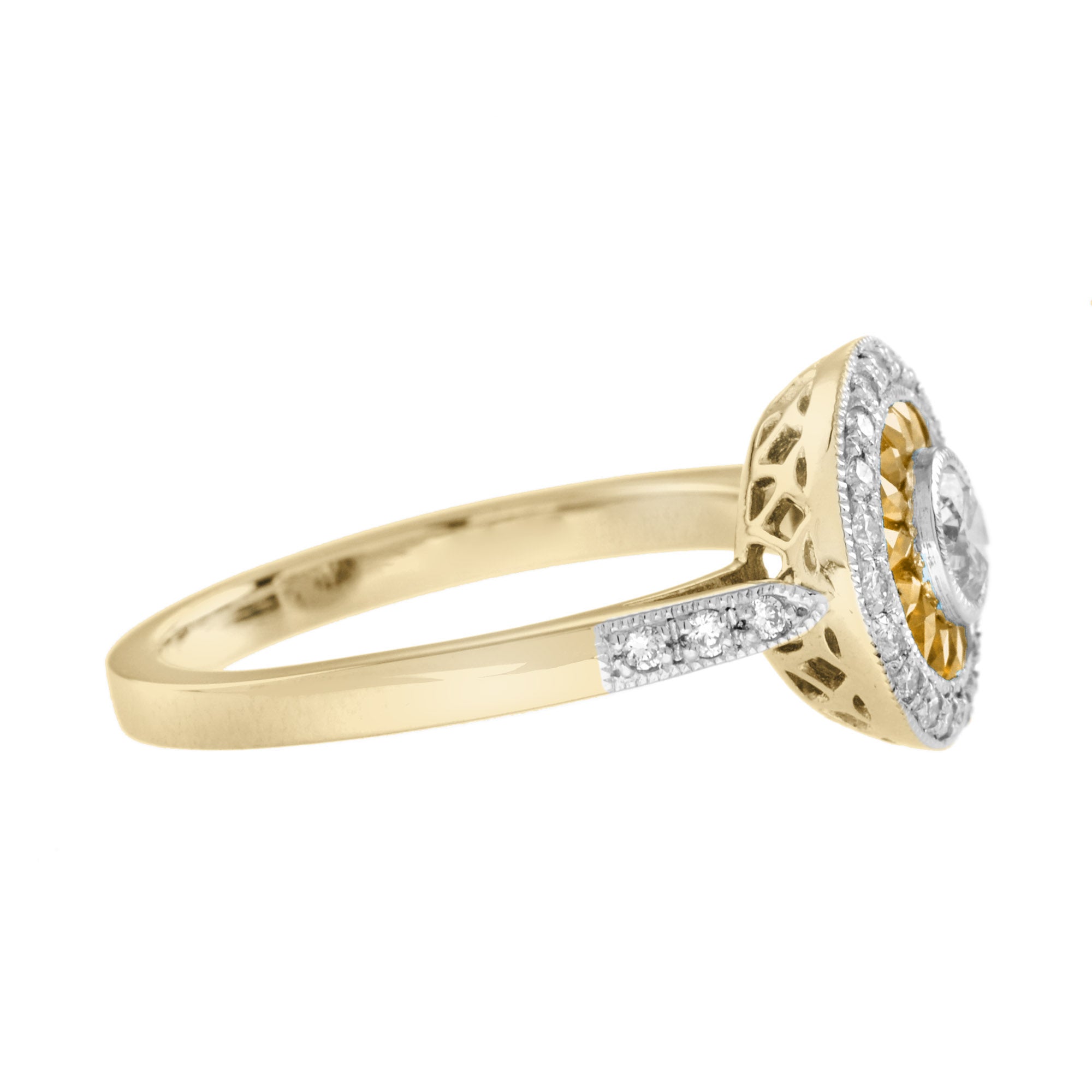 Diamond & Orange Sapphire Deco Style Target 14K Gold Statement Ring