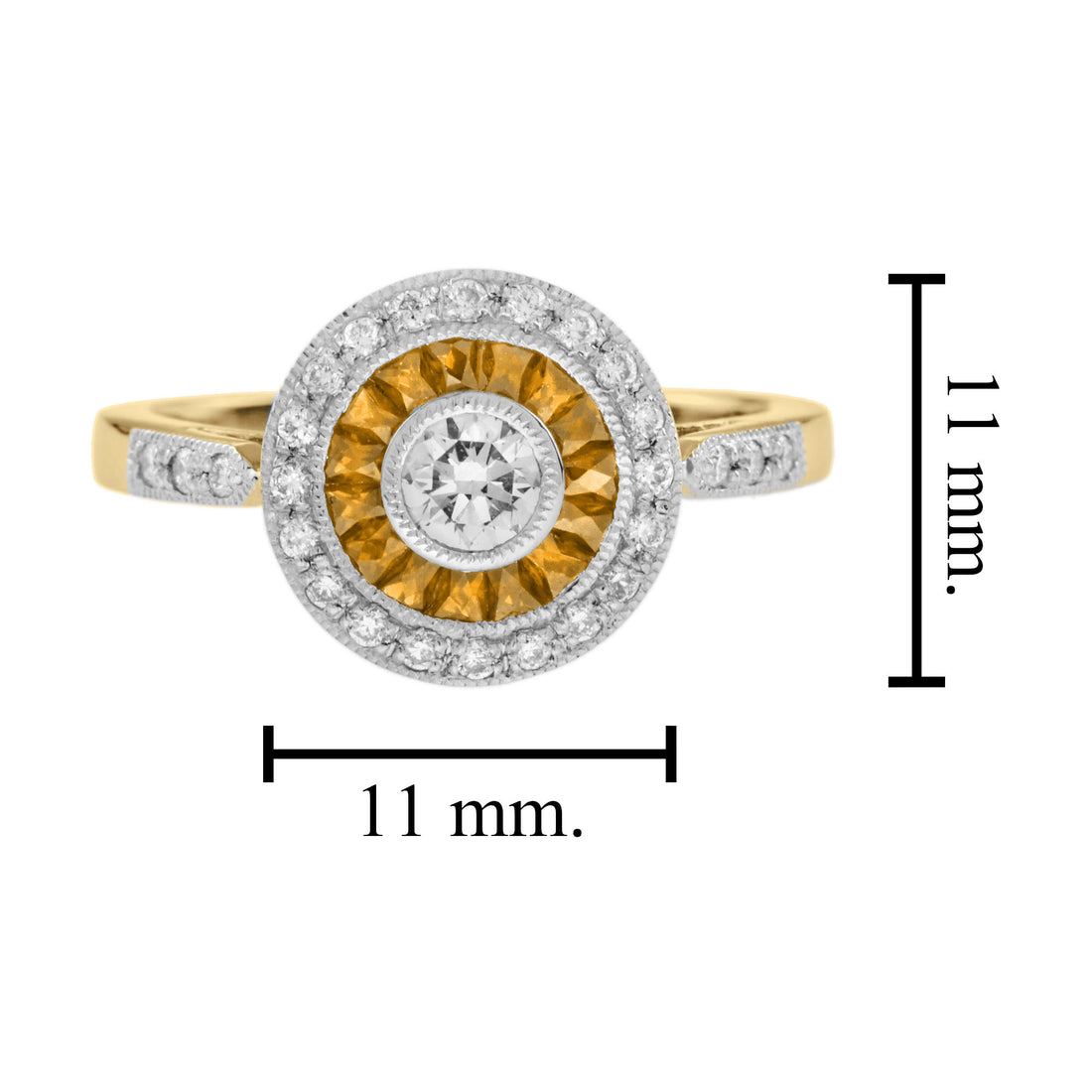 Diamond & Orange Sapphire Deco Style Target 14K Gold Statement Ring