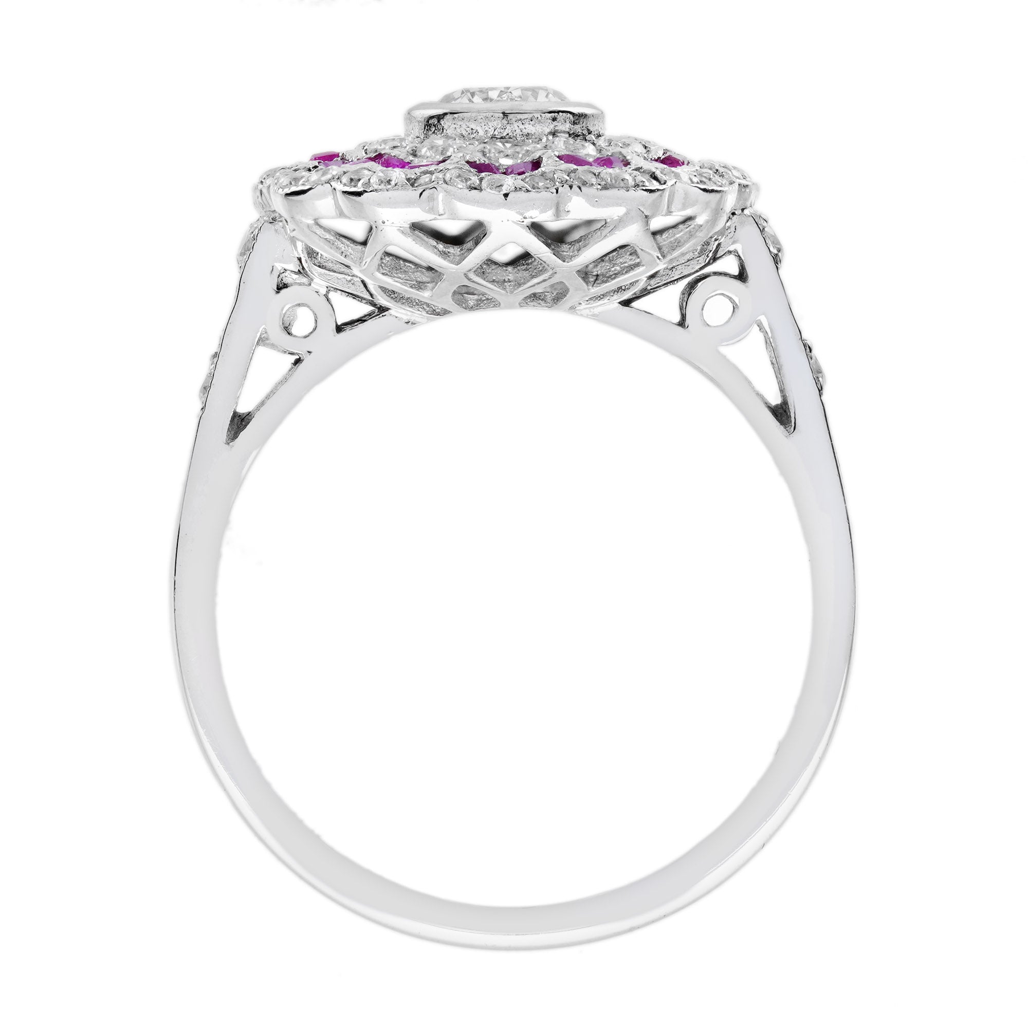 Diamond & Red Pink Ruby Art Deco Style Floral Halo White Gold Ring