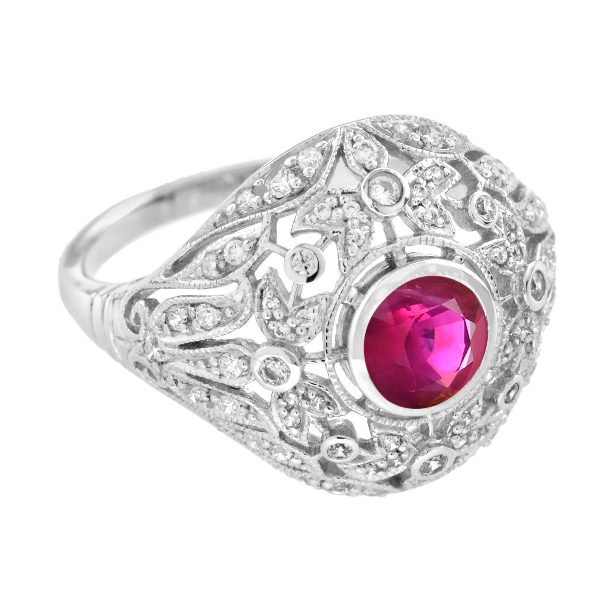 Red Pink Ruby & Diamonds Floral Dome Edwardian Engagement 14K White Gold Ring