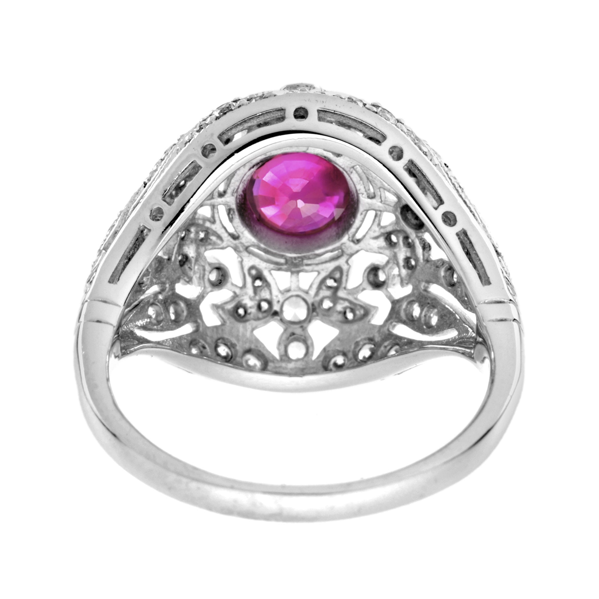 Red Pink Ruby & Diamonds Floral Dome Edwardian Engagement 14K White Gold Ring