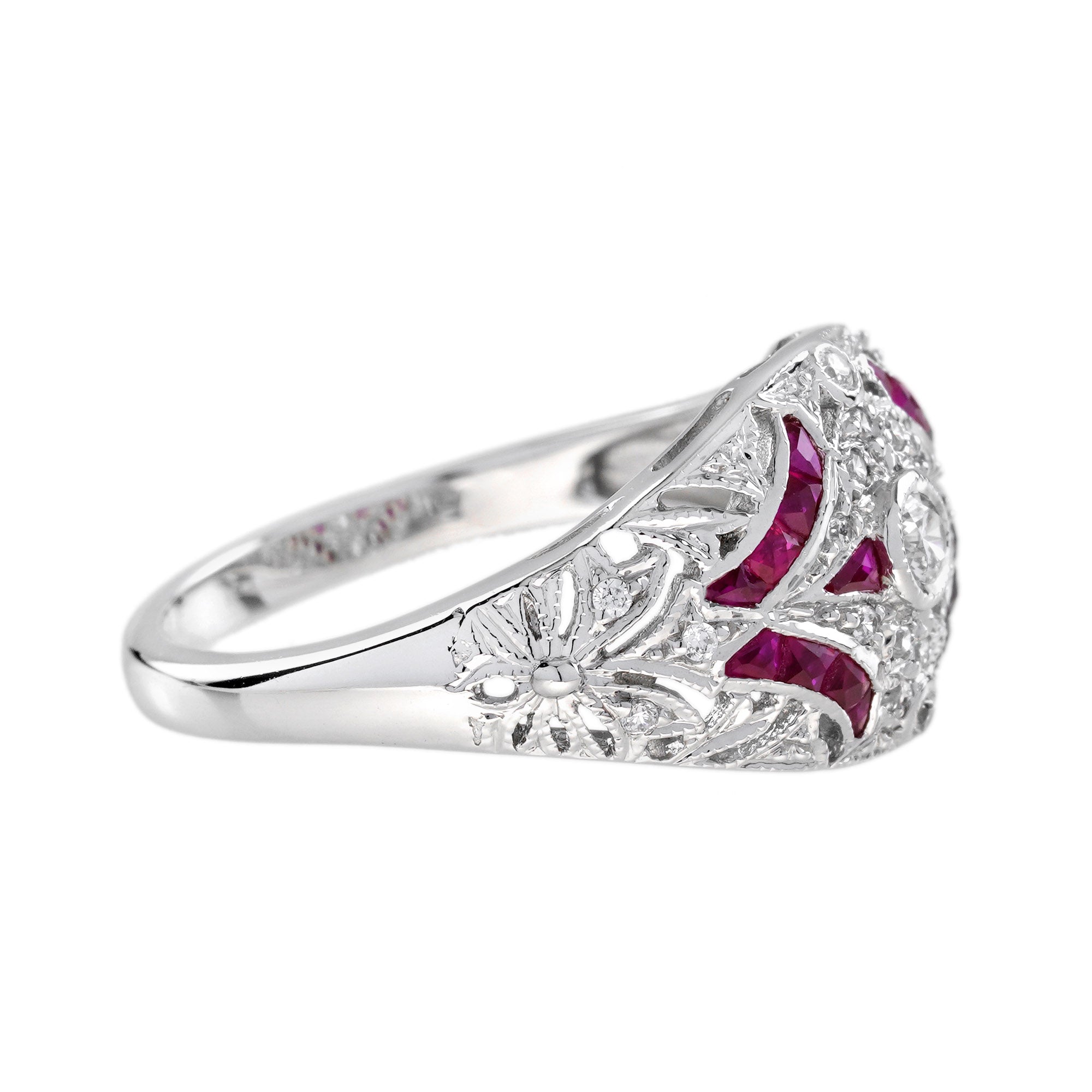 Diamond & Ruby Vintage Inspired Edwardian Style Openwork Dome White Gold Ring