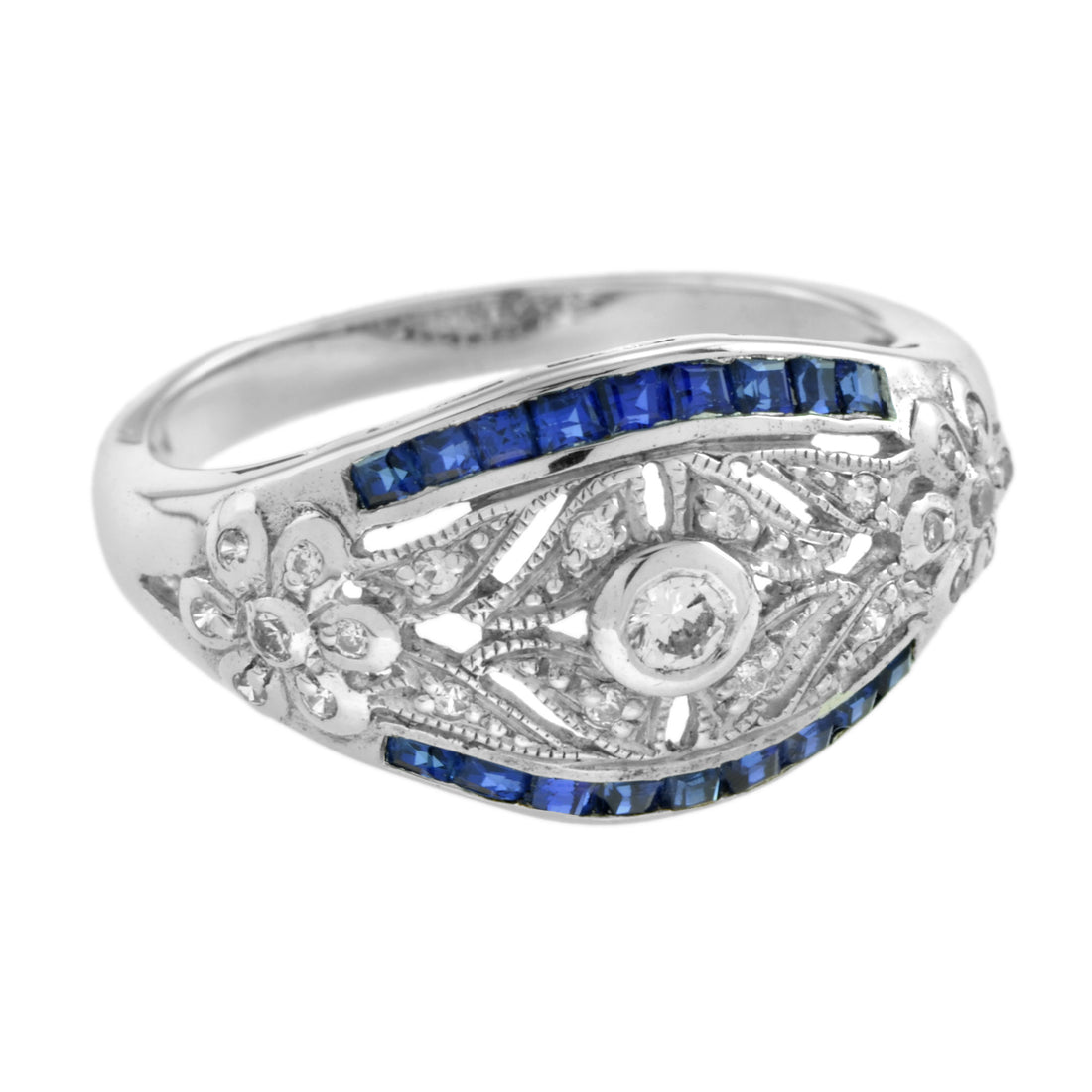 Art Deco Style Diamond & Blue Sapphire 14K White Gold Dome Ring