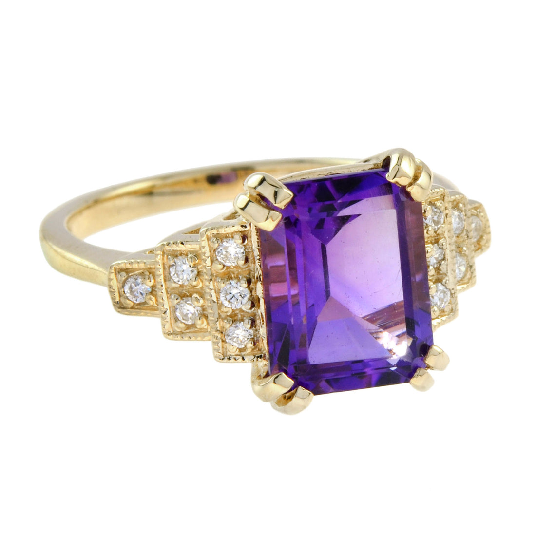 Rectangle Emerald Cut Purple Violet Amethyst & Diamond Step 14K Yellow Gold Ring