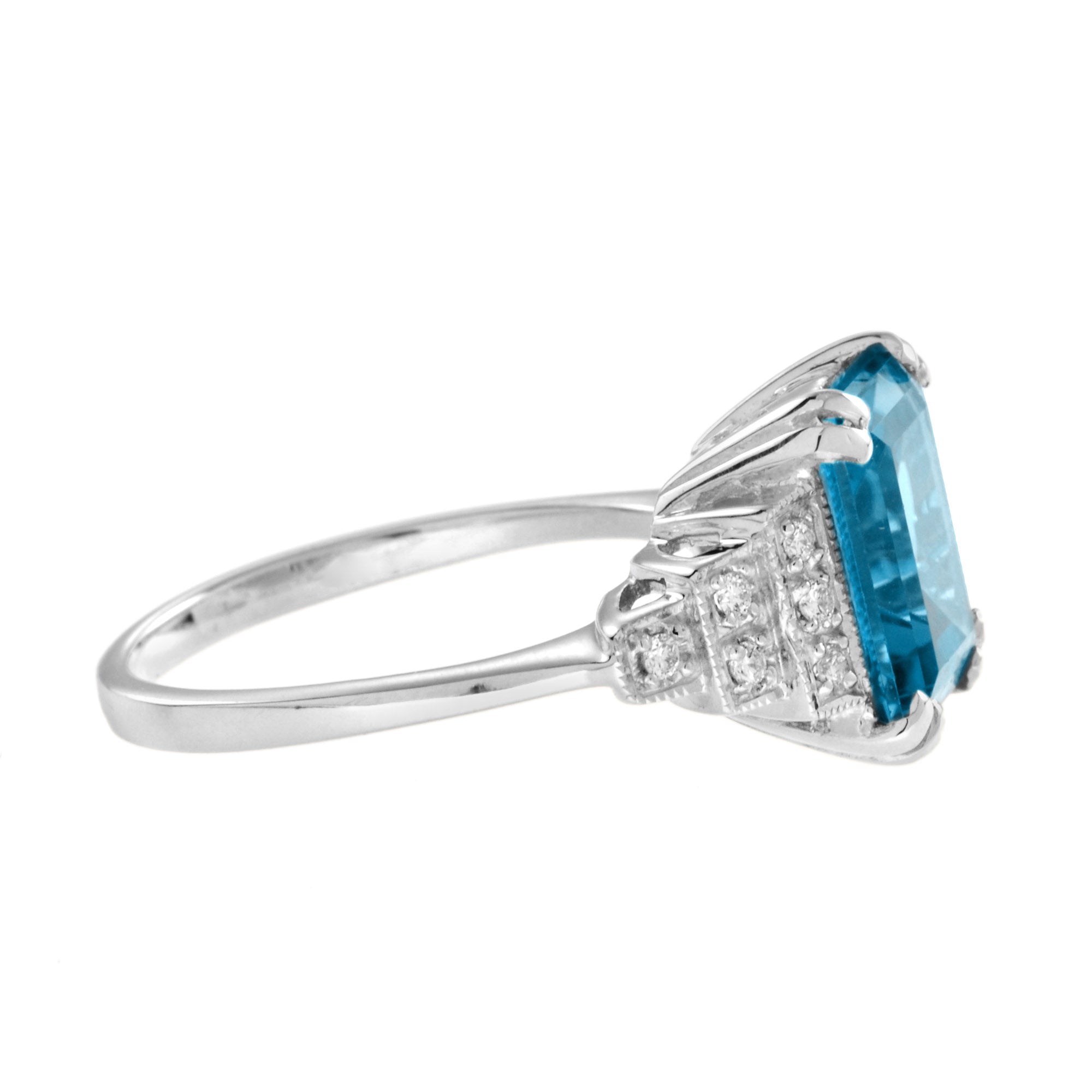 Emerald Cut London Blue Topaz & Step Diamond Engagement 14K White Gold Ring