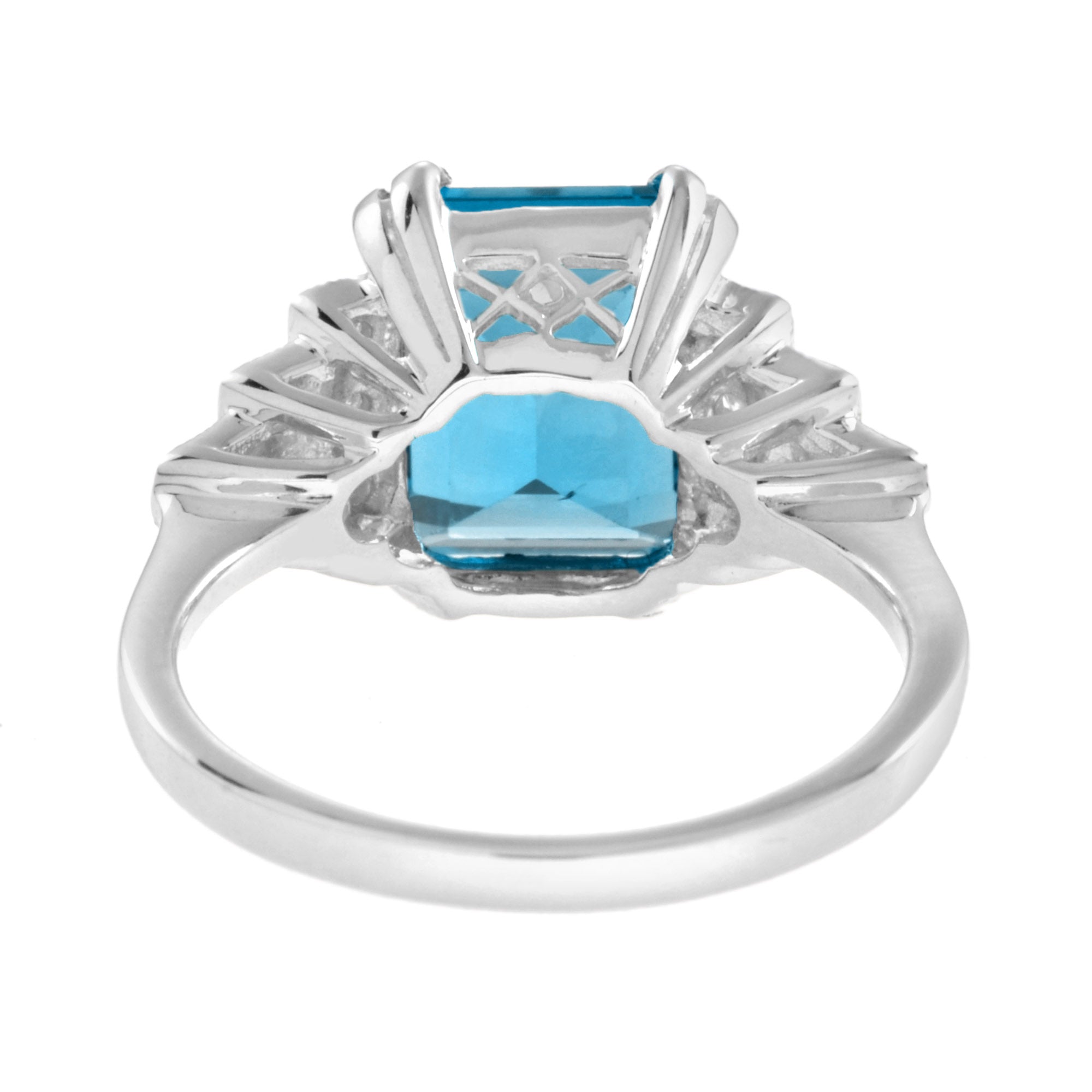 Emerald Cut London Blue Topaz & Step Diamond Engagement 14K White Gold Ring