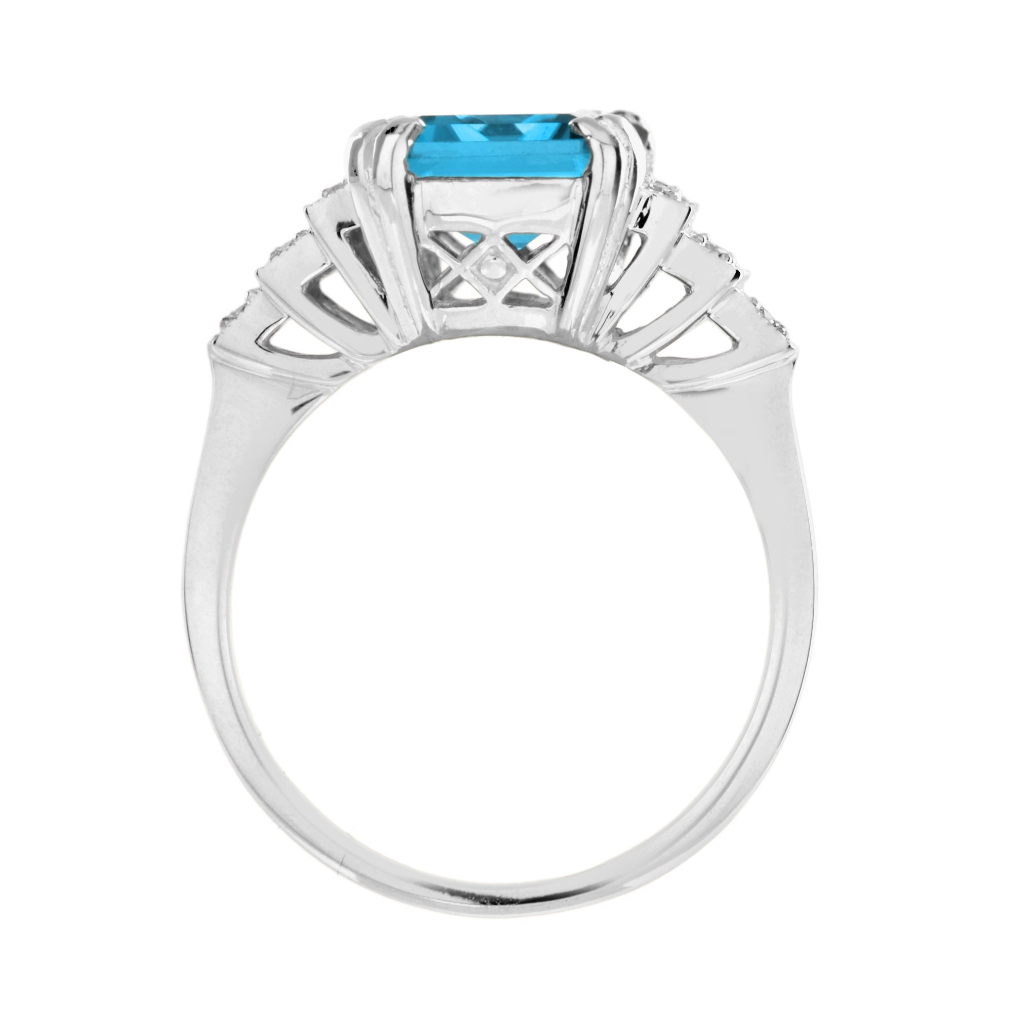 Emerald Cut London Blue Topaz & Step Diamond Engagement 14K White Gold Ring