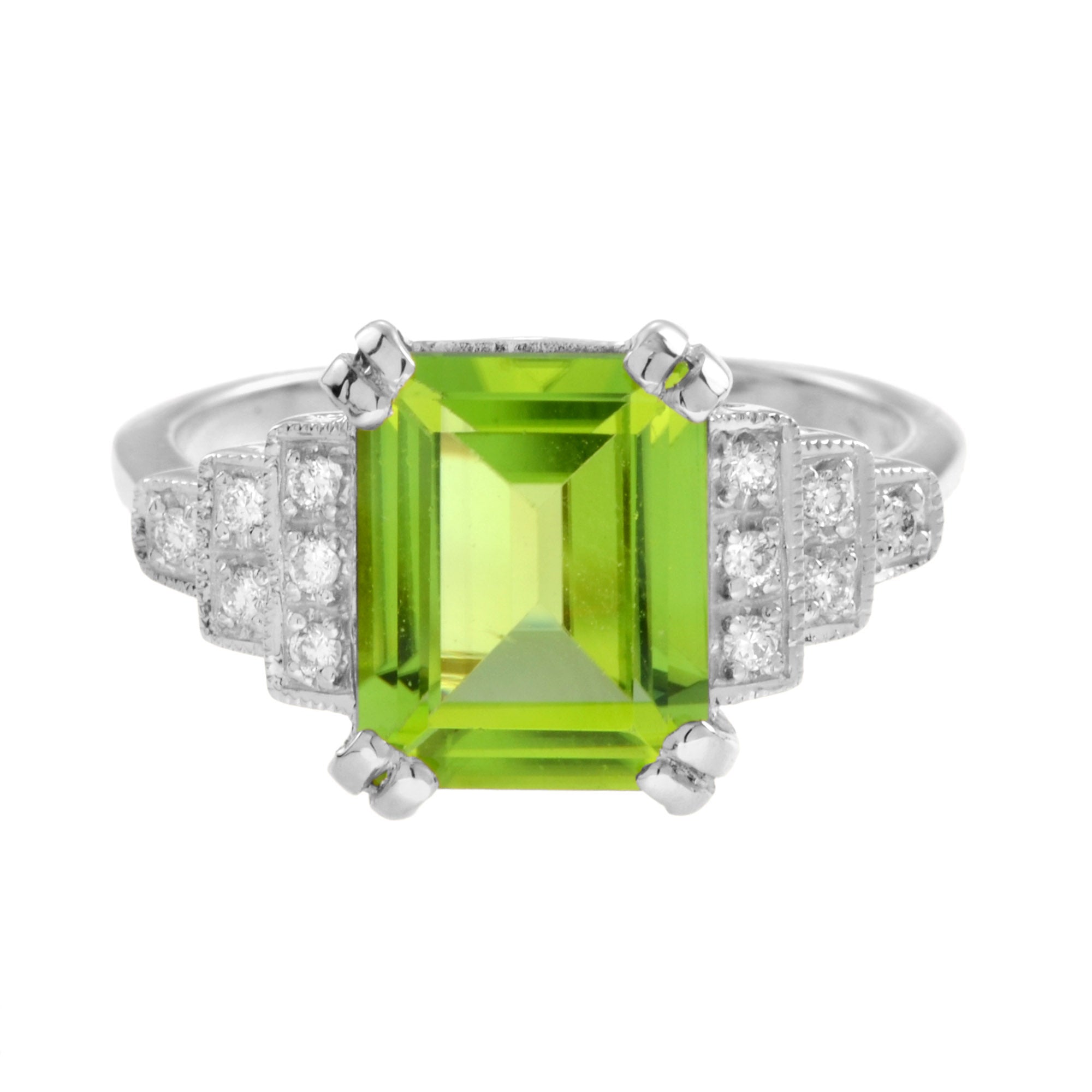 Rectangle Emerald Cut Green Peridot & Steps Diamond Filigree 14K White Gold Ring