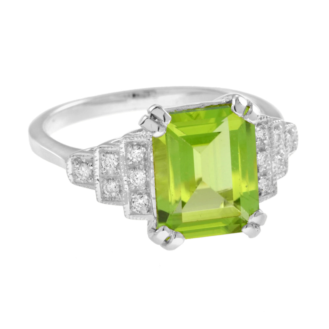 Rectangle Emerald Cut Green Peridot & Steps Diamond Filigree 14K White Gold Ring