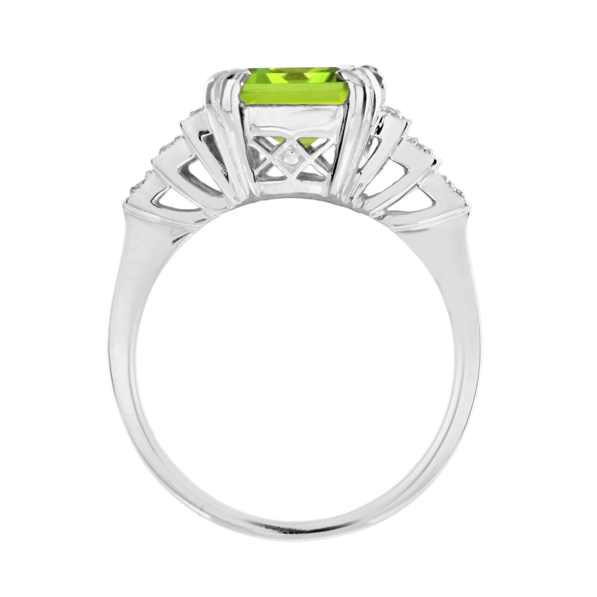 Rectangle Emerald Cut Green Peridot & Steps Diamond Filigree 14K White Gold Ring