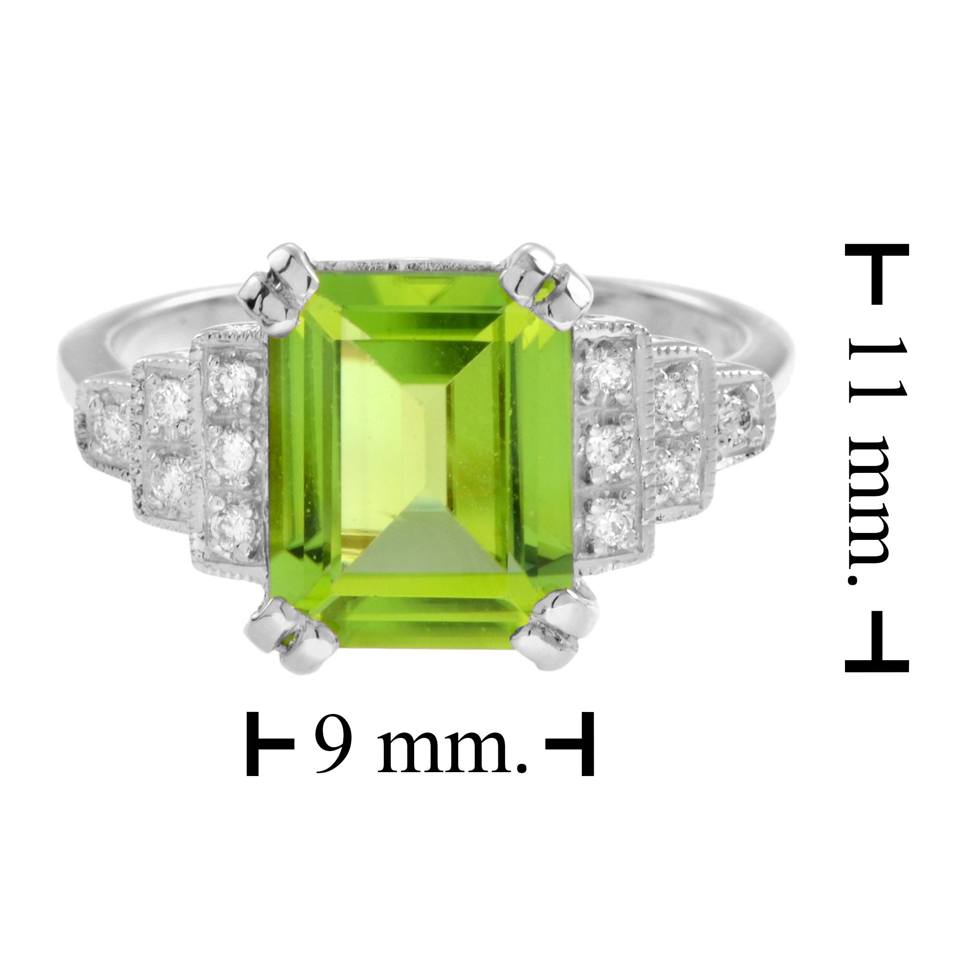 Rectangle Emerald Cut Green Peridot & Steps Diamond Filigree 14K White Gold Ring