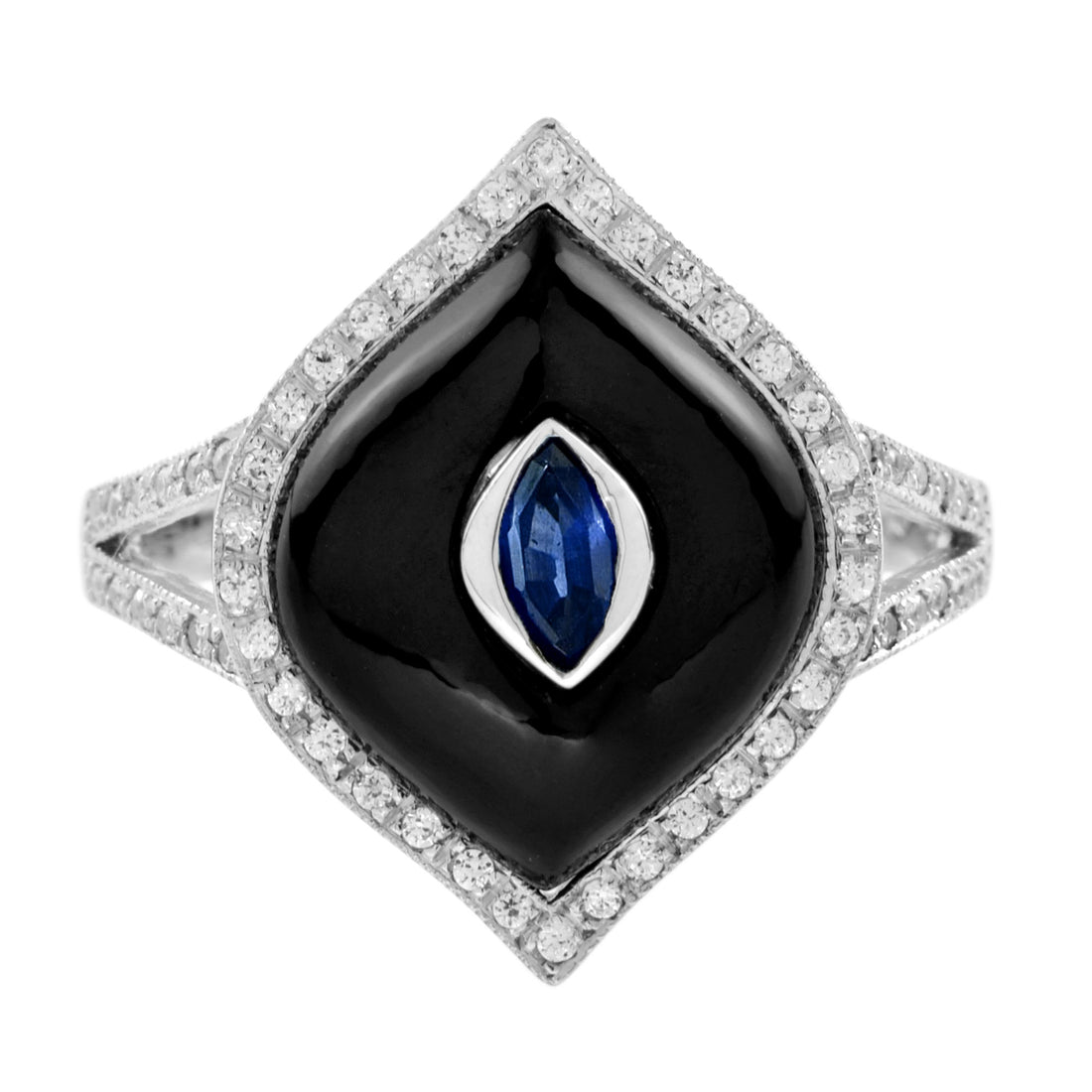 Marquise Shape Blue Sapphire Black Onyx Diamond Halo Split Shank White Gold Ring