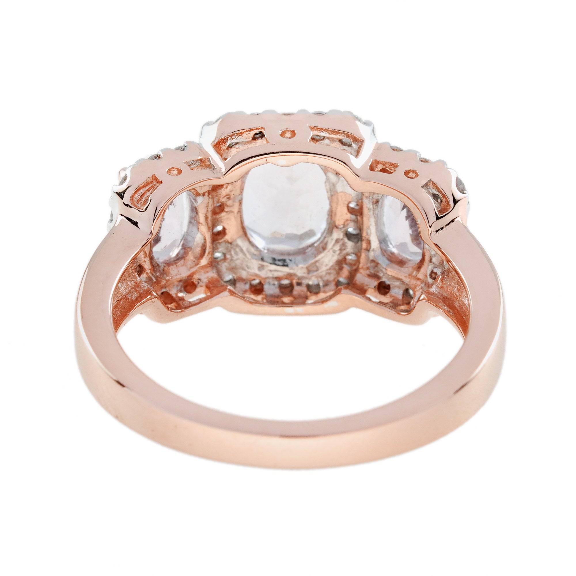 Oval Shape Pink Morganite & Diamond Vintage Style Three Stone Rose Gold Ring