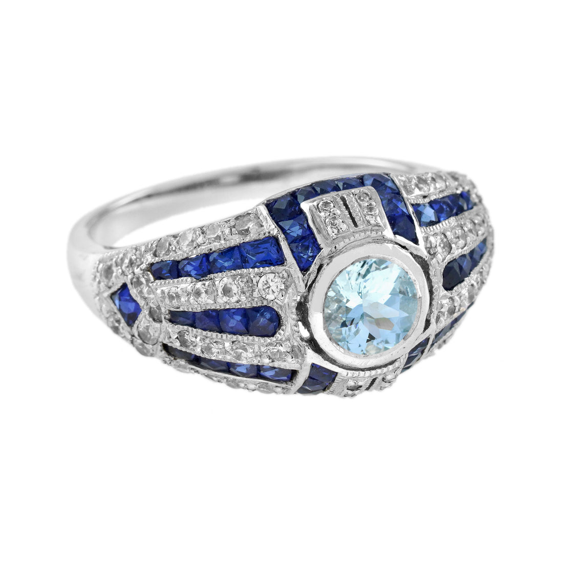 Round Aquamarine Blue Sapphire Diamond Art Deco Style Dome 18K White Gold Ring