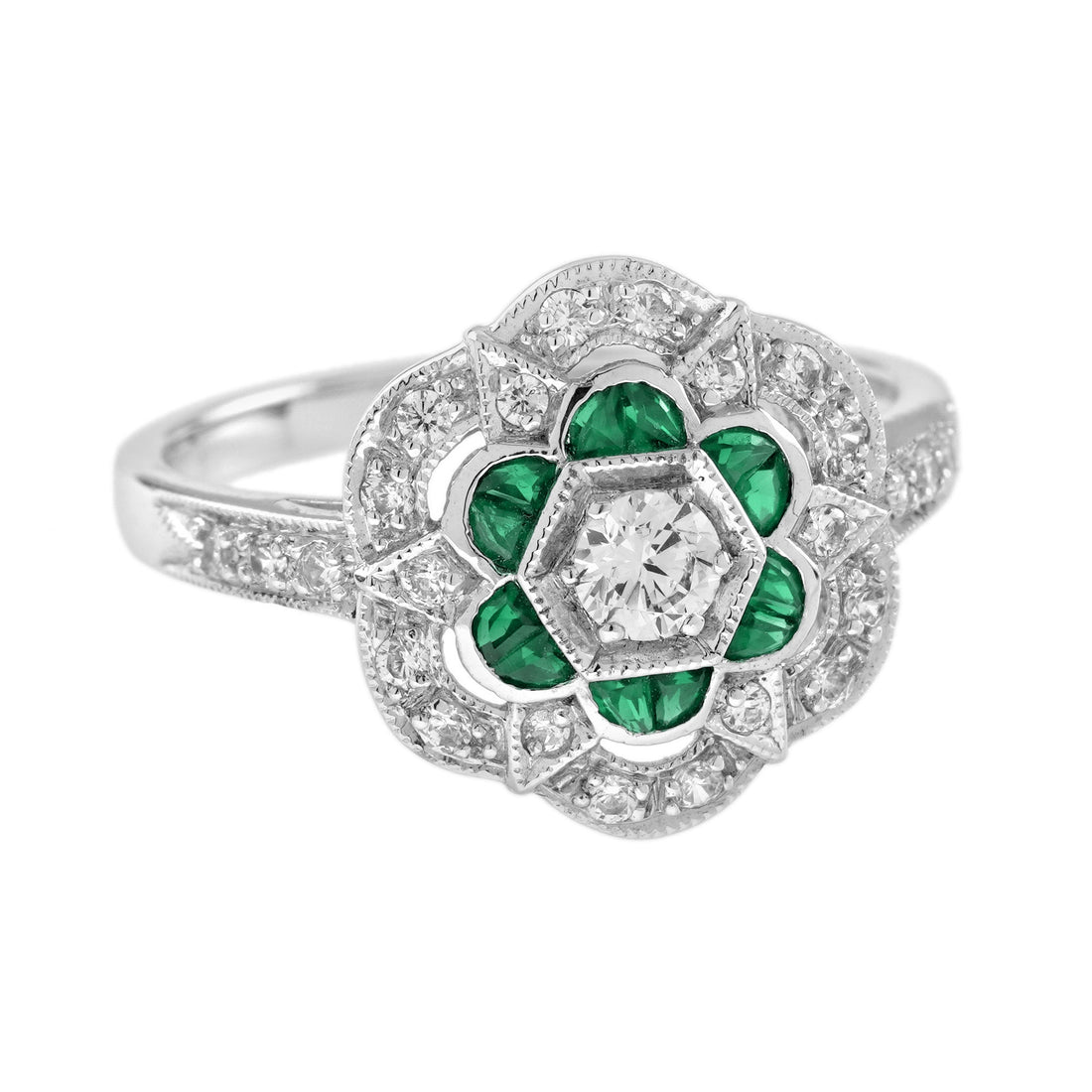 Diamond & Green Emerald Art Deco Style Floral Engagement 14K White Gold Ring