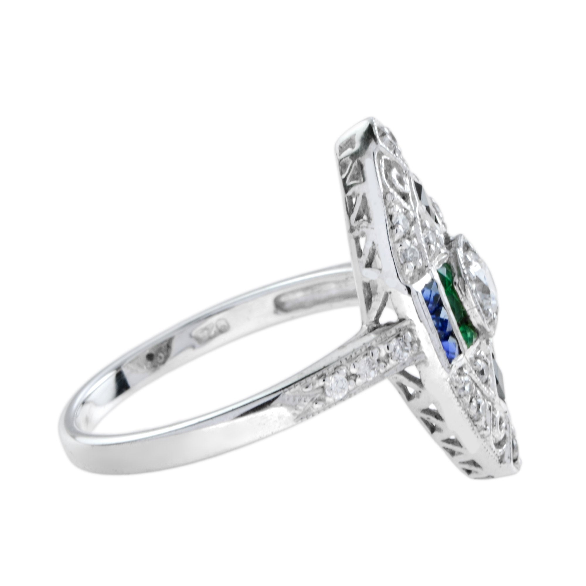 Art Deco Style Diamond Emerald & Sapphire Onyx Marquise Shape 18KW Gold Ring